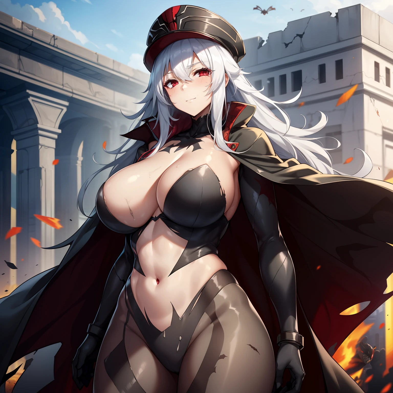 1girl,gigantic breasts,standing in ruined city,(8k),scratches,detailed face,white hair,red eyes,long hair,embarassed,small smile face,high_res, high_definition,the battlefield,Heroic pose,dark suit,military hat,black cape,(symbiote spider man Custome:1.1),