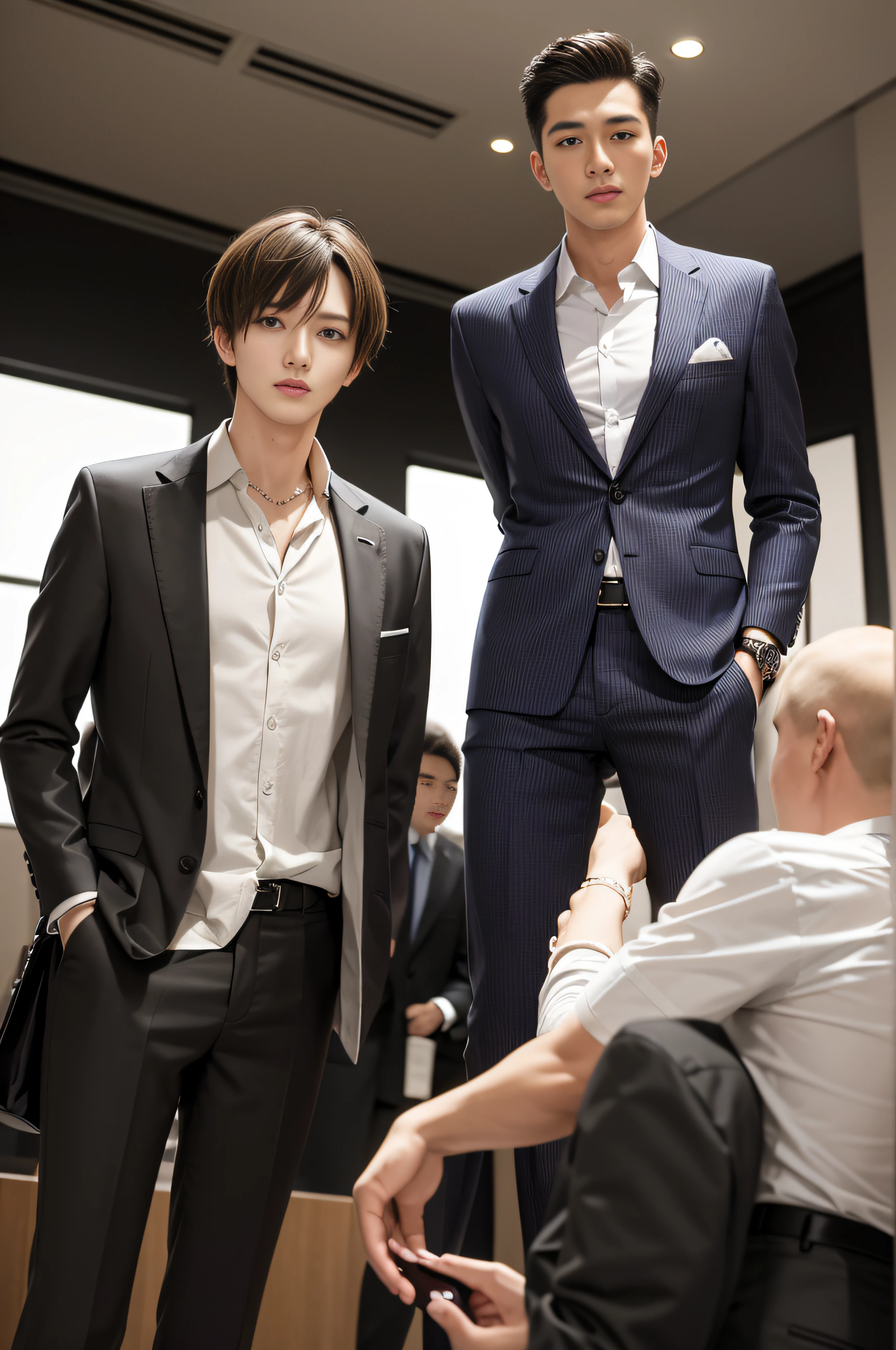 20-year-old refreshingly handsome new employee、(Super cool guy in a suit)、20 years old Japan man、1人、businessman、Ultra-luxury suits、Striped suit、 s Office、Young handsome man standing in suit、(Highly detailed photos in 8K)、(Very detailed handsome man)、Photo Real)、(top-quality)、ultra-detailliert、masterpiece、An ultra-high picture quality、tall、Very beautiful hair、Bright photo、Handsome like a model、Handsome like an idol、luxury watch、