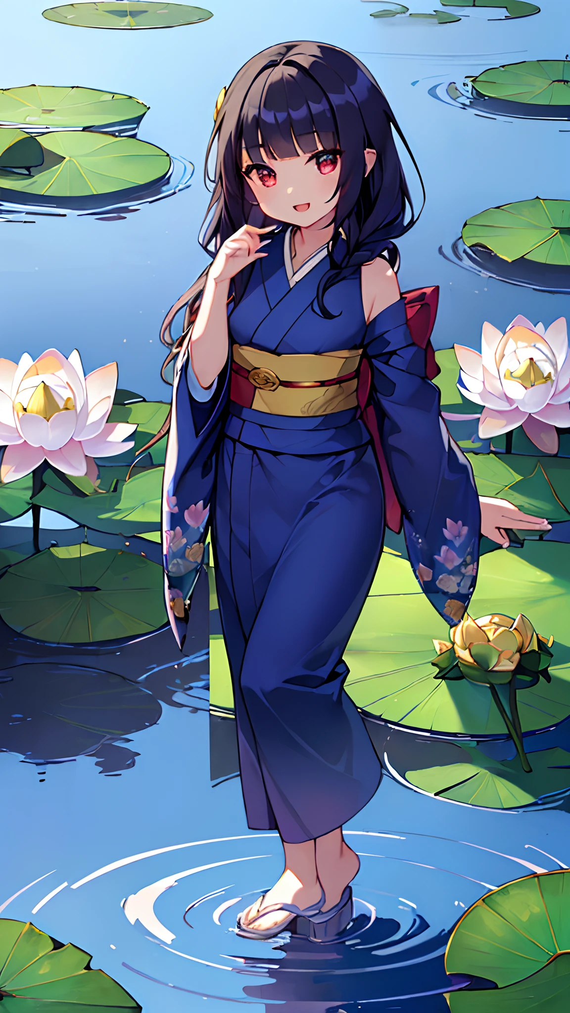 (top-quality), (masterpiece)、(ultla detailed)、(Beauty alone:1.5)、cute little、Outside、Pond in the background、Angle from the side、(FULL BODYSHOT)、(Lily pattern:1.4)、(Dark blue kimono:1.5)、Detached sleeves、Daytime、(18year old:1.3)、Medium chest、(Red Eyes)、A detailed eye、(A dark-haired:1.2)、(Straight hair:1.5)、(Longhaire:1.7)、Blunt bangs、(The lotus flowers:1.5)、lotuses、(Short hem:1.2)、Smile with open mouth、Standing、Feet in the water