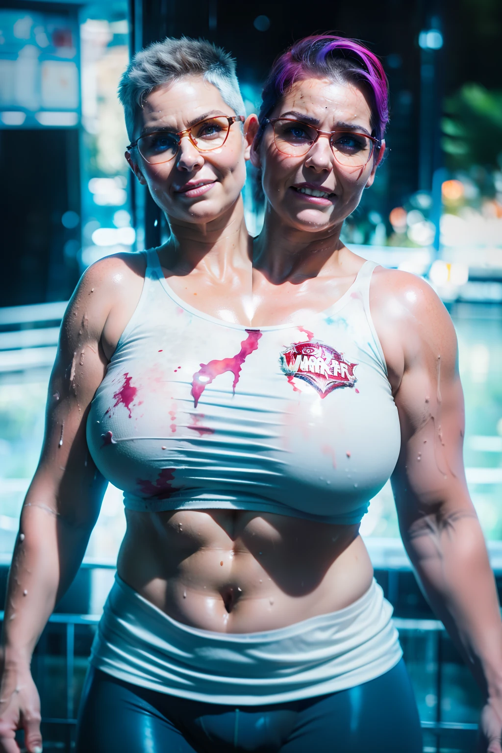 (((2heads))), realistic photography, a very sweaty pale 48 year old woman next to a very sweaty pale woman, Swedish, mohawk, glasses, chubby,thicc,,overweight,v,very pale skin, , (big bulge:1.5),fit, red hair mohawk with highlights ,  detailed  eyes,,  (lots of wet gooey translucent white substance splattered on body and chest):1.2), unathletic, very wide shoulders,(world of warcraft attire ) :1.5,wet, ,drenched:1.5, sweaty:1.7,    short hair, unathletic, Arizona background, smiling and sad,,,full body, realistic, detailed