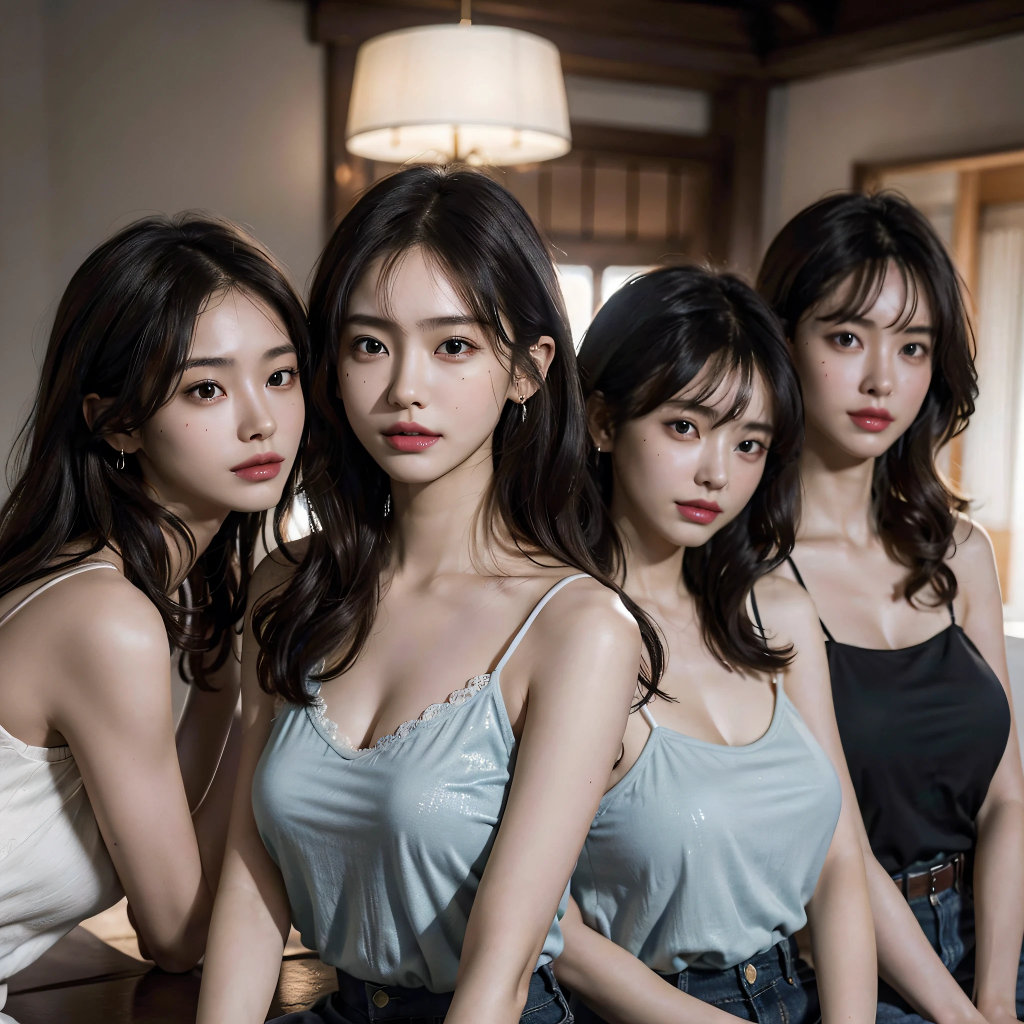 absurdres, RAW photo, extremely delicate and beautiful, masterpiece, Best Quality, ultra high resolution, 16k, hyperrealistic, ultra-detailed, Very detailed CG 8k wallpaper, Beautiful Lighting, Perfect Lightning, Realistic Shadows, perfect anatomy, super Detailed skin, perfect figure, Japanese woman, in her 20s, very Slim body, narrow waist, very small head, handsome detailed woman, very detailed eyes and face, realistic face proportions, Stunning detailed eyes, Realistic beautiful face, very small face, Realistic small beautiful eyes, double eyelids, makeup, tearful mole, mole on chest, earring, bare legs, beautiful and very thin legs, beautiful and very thin thighs, (((very huge round breasts))), short hair, wavy hair, sweat, full body shot, (((((3 girls))))), (((camisole))),