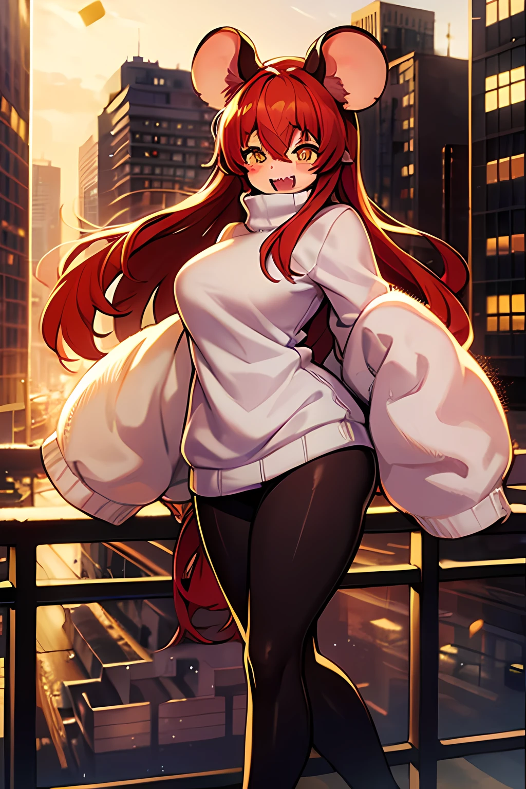 1mouse girl, long fluffy red hair, sharp teeth, shy, blushing, hair covers eyes , yellow turtleneck sweater, black tights, yellow eyes, city, hand holding