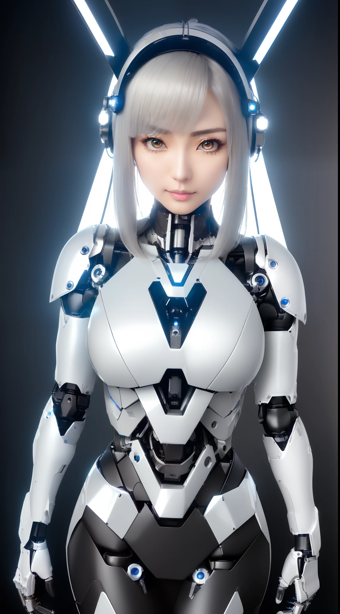 ((masutepiece)), ((top-quality), high quarity、ultra-definition, Realistic, (Ultra-fine face)、fulcolor 、scientific fiction、Beautiful robot police woman、((Cyberpolis))、((Mechanical joints))、Machine body、(((machine components)))、(Actuator Joints)、White porcelain mechanical armor、((Curvaceous face))、(Ultra detailed eyes)、thin mouth、deadpan、straight haired、(((Electronic substrate)))、Machine Gloves、(Symmetrical Antenna Sensor Headgear)、batteries
