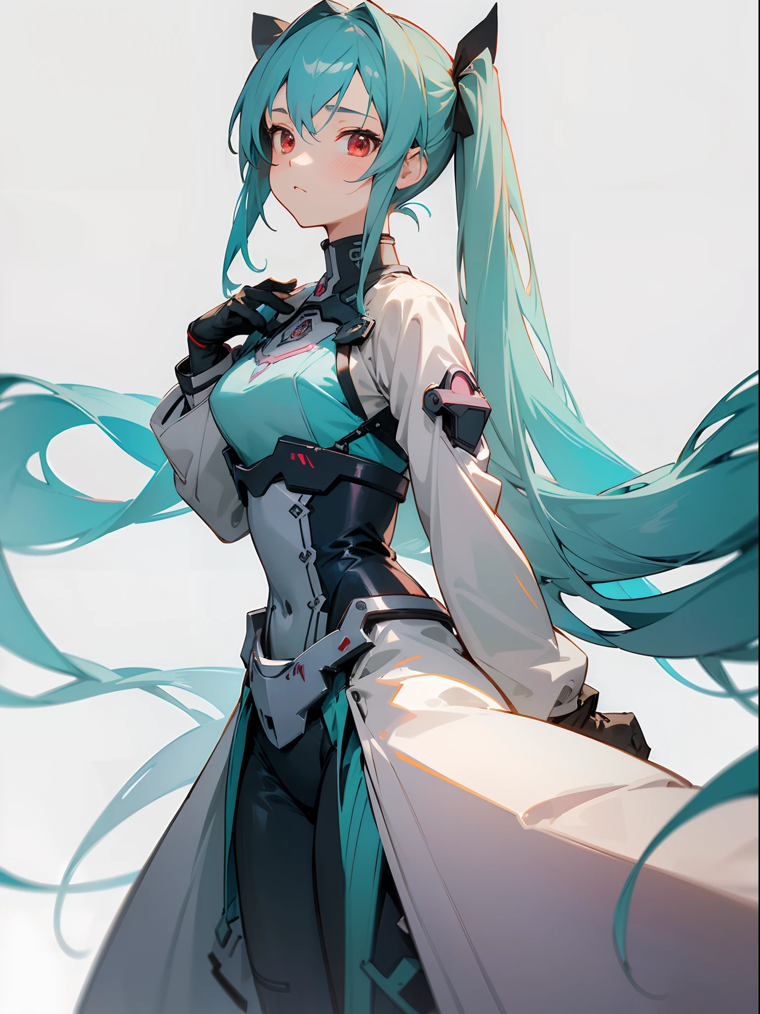 (masterpiece, best quality )detailed, 1Character ,  pastel washed out colors , cell shade , soft, muted shades ,gentle colors , blue archive art style, Wearing a mix of sword art online and futuristic style clothes , Beautiful woman, teal hair , extremely long hair , hair in Pigtails style , ((large chest)) , red eyes , age 28