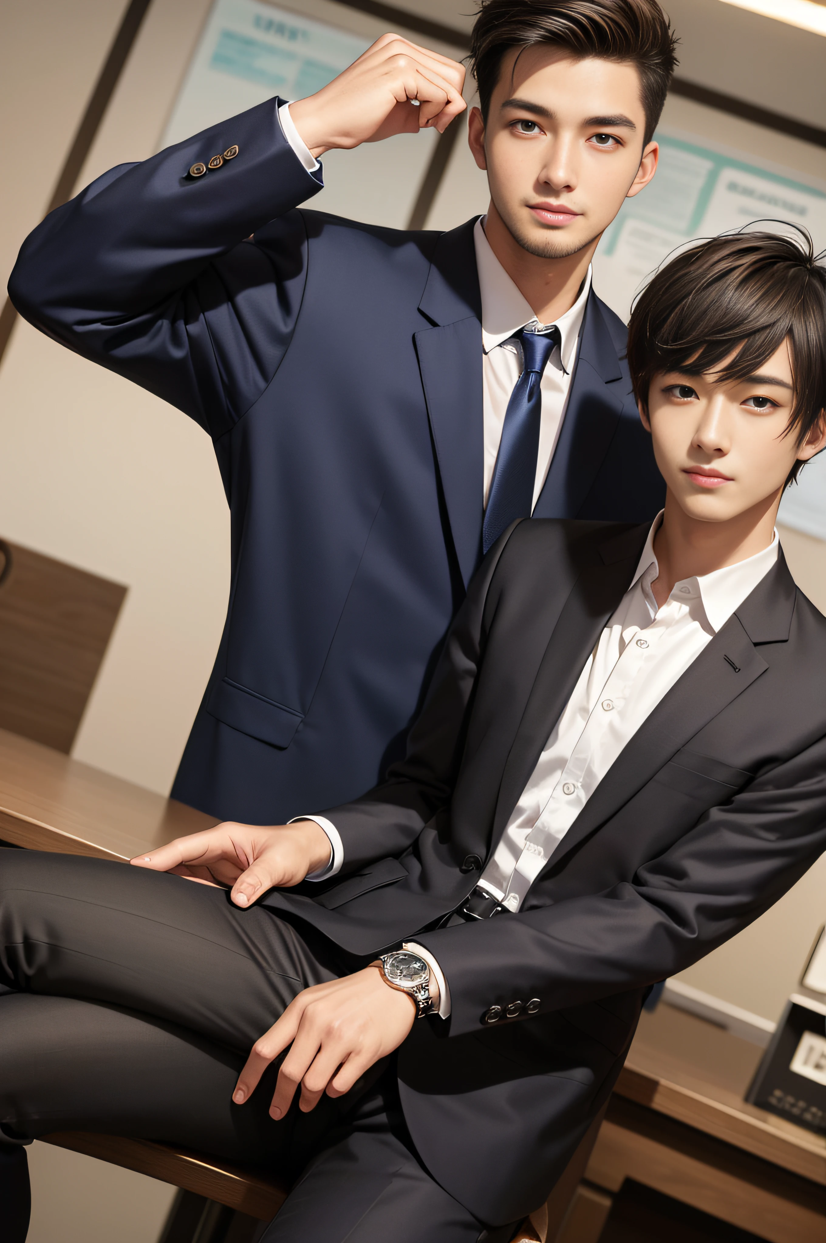 20-year-old refreshingly handsome new employee、(Super cool guy in a suit)、20 years old Japan man、1人、businessman、Ultra-luxury suits、Striped suit、 s Office、Young handsome man standing in suit、(Highly detailed photos in 8K)、(Very detailed handsome man)、Photo Real)、(top-quality)、ultra-detailliert、masterpiece、An ultra-high picture quality、tall、Very beautiful hair、Bright photo、Handsome like a model、Handsome like an idol、luxury watch、