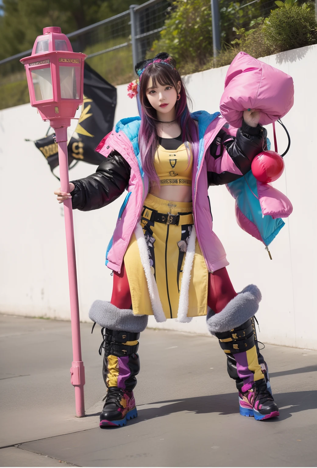infp young woman、Good Style、Colorful hair、colorful fashion、Idol face、large full breasts、jaket、Skirt with slit、Colorful tights、long boots