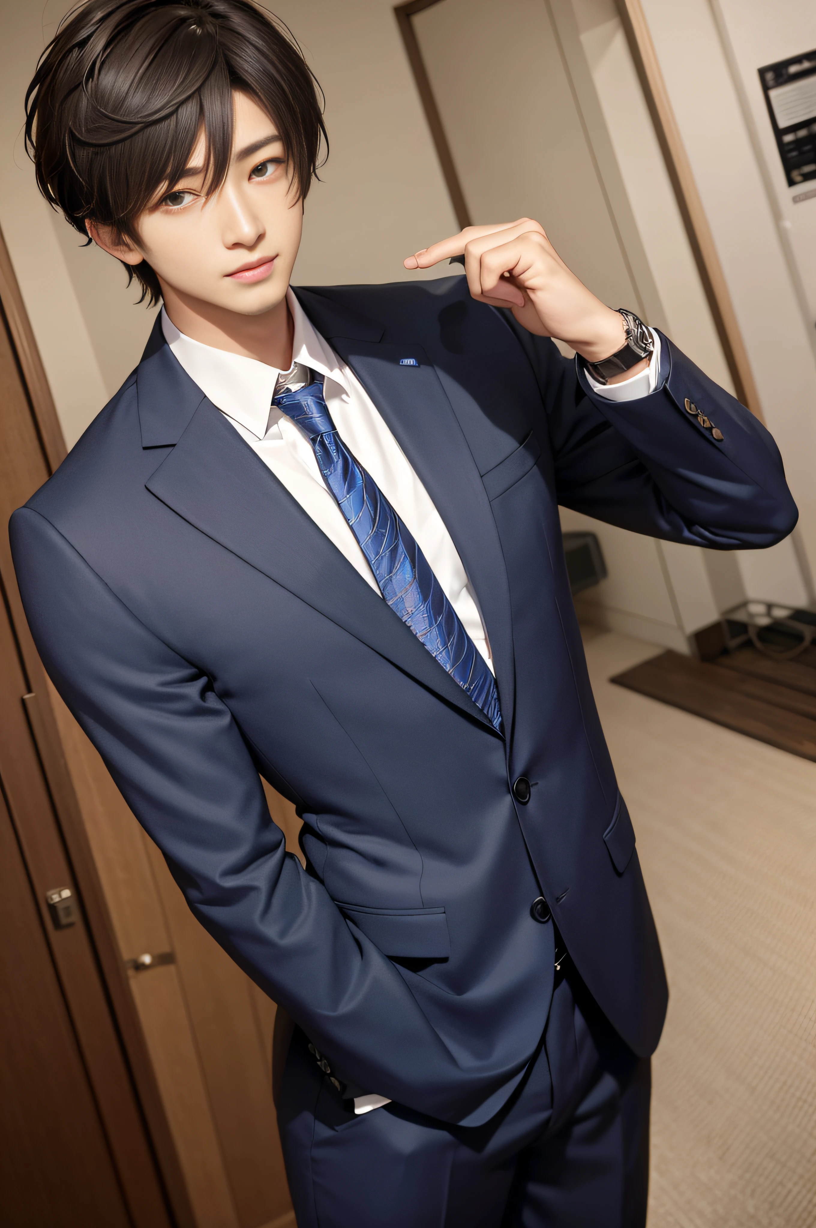 (One super cool guy in a suit)、20 years old Japan man、businessman、Ultra-luxury suits、Striped suit、 s Office、Young handsome man standing in suit、(Highly detailed photos in 8K)、(Very detailed handsome man)、Photo Real)、(top-quality)、ultra-detailliert、masterpiece、An ultra-high picture quality、tall、Very beautiful hair、Bright photo、Handsome like a model、Handsome like an idol、luxury watch、
