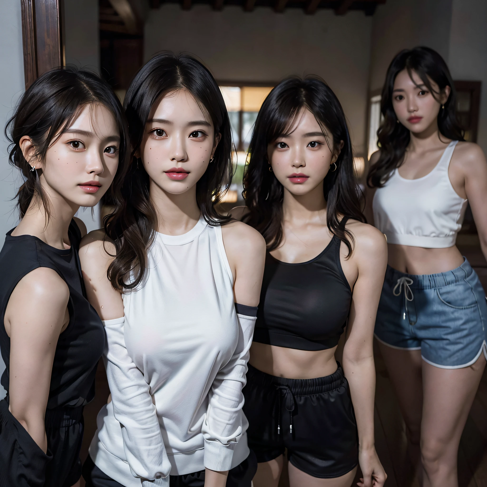 absurdres, RAW photo, extremely delicate and beautiful, masterpiece, Best Quality, ultra high resolution, 16k, hyperrealistic, ultra-detailed, Very detailed CG 8k wallpaper, Beautiful Lighting, Perfect Lightning, Realistic Shadows, perfect anatomy, super Detailed skin, perfect figure, Japanese woman, in her 20s, very Slim body, narrow waist, very small head, handsome detailed woman, very detailed eyes and face, realistic face proportions, Stunning detailed eyes, Realistic beautiful face, very small face, Realistic small beautiful eyes, double eyelids, makeup, tearful mole, mole on chest, earring, bare legs, beautiful and very thin legs, beautiful and very thin thighs, (((very huge round breasts))), short hair, wavy hair, sweat, (full body shot), (((((3 girls))))), (((sports shorts))),