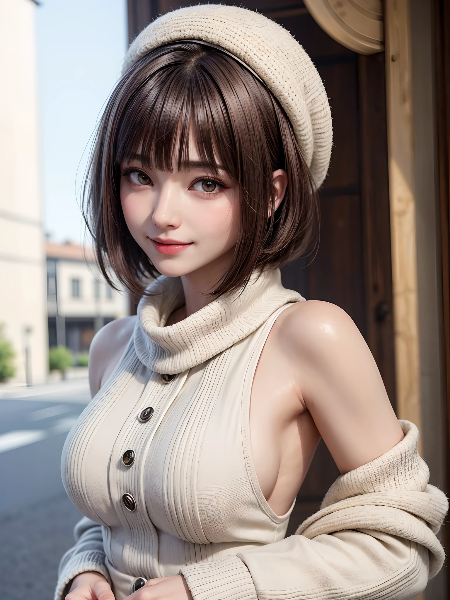 (​masterpiece, top-quality、Beautiful woman full of adult charm８),1girl in, 独奏, A dark-haired, scarf, Hats,, realisitic, looking at the viewers, black eyes of light color, shorth hair, coat, Winter clothes, White headscarf, s lips, lipgloss，bangss,, a closed mouth, The upper part of the body、big eye、Lashes、((Road system in Italy))、((Shorthair with bangs、big eye、Put very strong highlights in your students、very Bigger breasts、gazing at viewer、Very beautiful beauty、Put your ears out、long neck、little smiling、Close your mouth and smile)))、28 year old、Cute supermodels