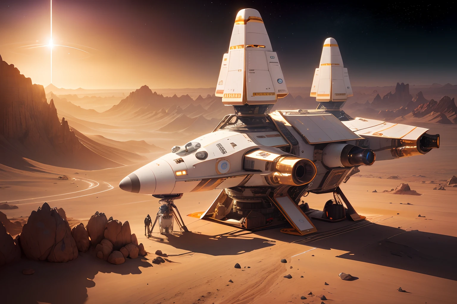 1 (((spaceship))) floating in space, Mars distant in the background, space odyssey, Martian Chronicles, NASA concept art:1.4, Valles Marineris, Olympus Mons, Discovery, Orion,