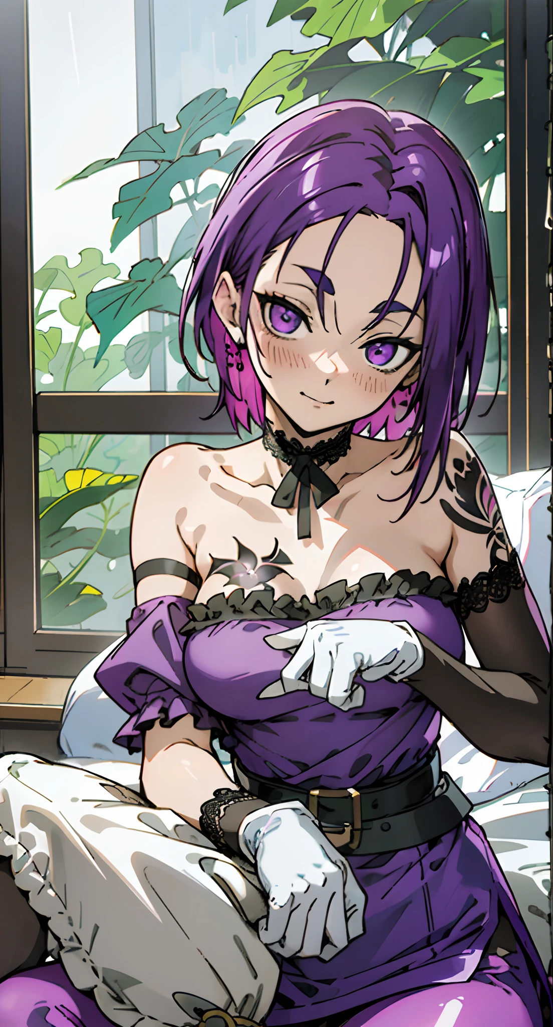 masutepiece, Best Quality, Ultra-detailed, Off-the-shoulder clothing, Colorful,Up-close, Hyper-detailing,purple color hair, Ultra-realistic hair quality, Vibrant colors, Beautuful Women, Beautiful long hair, Shiny hair, detailed hairs, Reo Mikage, Blue Lock, no sleeves, Camisole and cheongsam, Dress, Lace dress, chinese clothes, Chest exposure, Lace underwear, lotuses, Lace panniers, Metamorphosis is exposed, Choker, Black Choker, arm warmer, Ruffled Arm Warmer, Long Arm Warmer, gloves, White Gloves, short gloves, Relative area, a belt, Sexy breasts, The tattoo, arm tattoos, Dragon tattoo, Tattoo on the wrist, hand tattoo, leggins, Blue leggings, Bare legged, Sandals, Black sandals, Sitting on the floor, Sitting on the ground, Big breasts, red blush, 1girl in, Solo, Sharp face, Heterochromia, Green eyes, Purple eyes, Bare neck, Happy face, bed room, Sitting on the bed