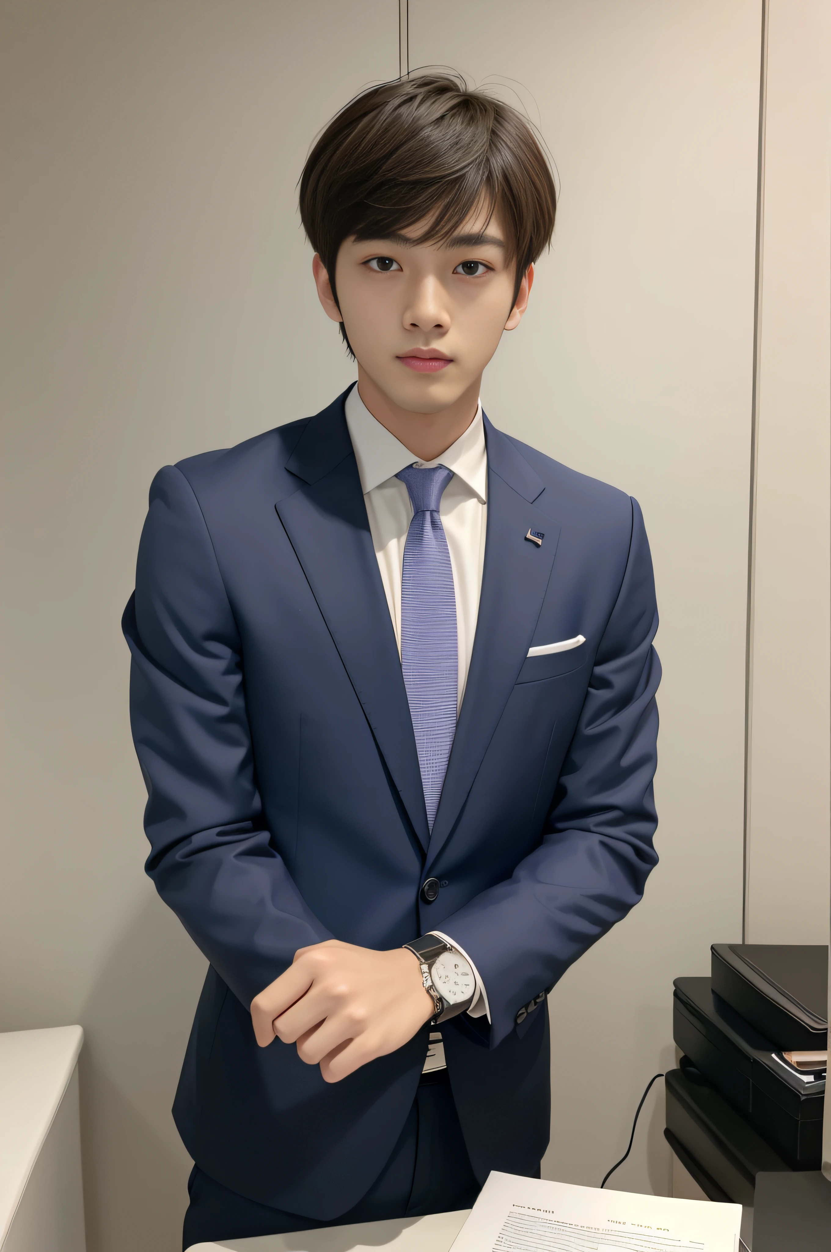 20-year-old refreshingly handsome new employee、(Super cool guy in a suit)、20 years old Japan man、1人、businessman、Ultra-luxury suits、Striped suit、 s Office、Young handsome man standing in suit、(Highly detailed photos in 8K)、(Very detailed handsome man)、Photo Real)、(top-quality)、ultra-detailliert、masterpiece、An ultra-high picture quality、tall、Very beautiful hair、Bright photo、Handsome like a model、Handsome like an idol、luxury watch、