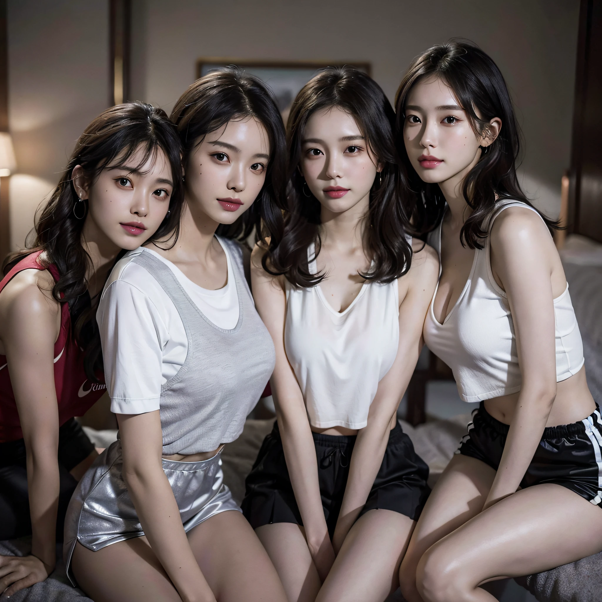 absurdres, RAW photo, extremely delicate and beautiful, masterpiece, Best Quality, ultra high resolution, 16k, hyperrealistic, ultra-detailed, Very detailed CG 8k wallpaper, Beautiful Lighting, Perfect Lightning, Realistic Shadows, perfect anatomy, super Detailed skin, perfect figure, Japanese woman, in her 20s, very Slim body, narrow waist, very small head, handsome detailed woman, very detailed eyes and face, realistic face proportions, Stunning detailed eyes, Realistic beautiful face, very small face, Realistic small beautiful eyes, double eyelids, makeup, tearful mole, mole on chest, earring, bare legs, beautiful and very thin legs, beautiful and very thin thighs, (((very huge round breasts))), short hair, wavy hair, sweat, (full body shot), (((((3 girls))))), (((sportswear))),
