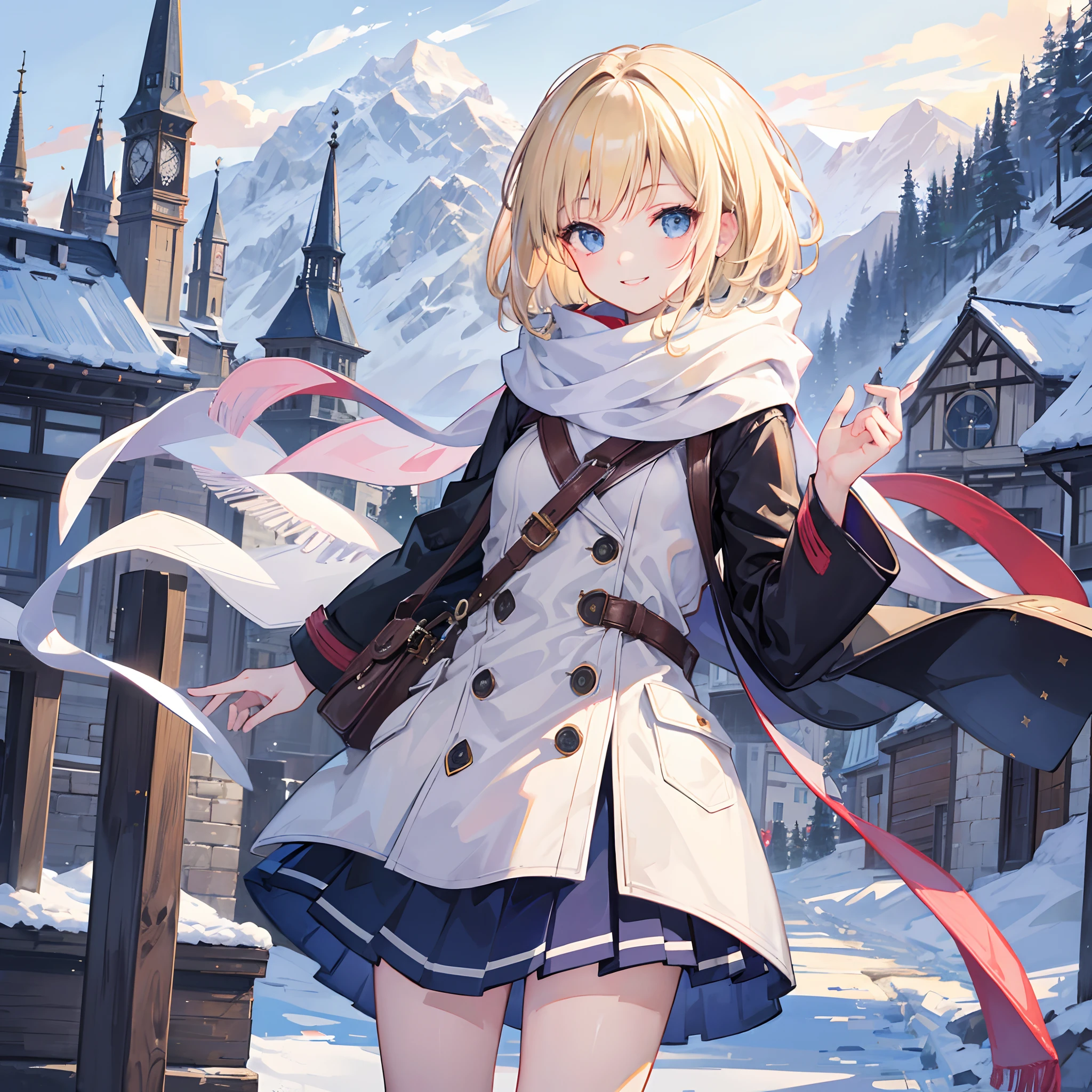 Masterpiece, 1 girl, smiling, european, winter coat, scarf, skirt, (small) chillerism, short blonde hair, alpine village