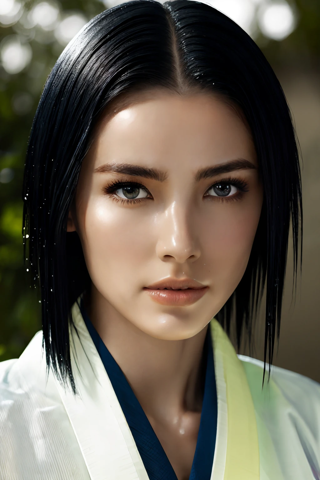 Photorealistic woman, detailed short messy black hair, ((mid shot)), Detailed skin, detailed body, muscular, solo, wearing open Japanese ((Kimono)), huge breasts, thick thighs, wide hips, muscular arms, large bulging veins on body, veins, muscle vein, split abs, thick thighs, blue eyes, Natural Skin Texture, skin detail, shiny skin, shiny glossy skin, WET skin, wet body, glossy skin, oily skin, Mediterranean tan, high contrast, realistic skin, skin pores, intricate detail, high contrast, realistic skin, skin pores, intricate detail, raw photo, mature female, glossy lips, luscious lips, pretty nose, lifelike rendering, immersive atmosphere, chiaroscuro, moody lighting, perfect female body, at an expensive home in ((South of France))