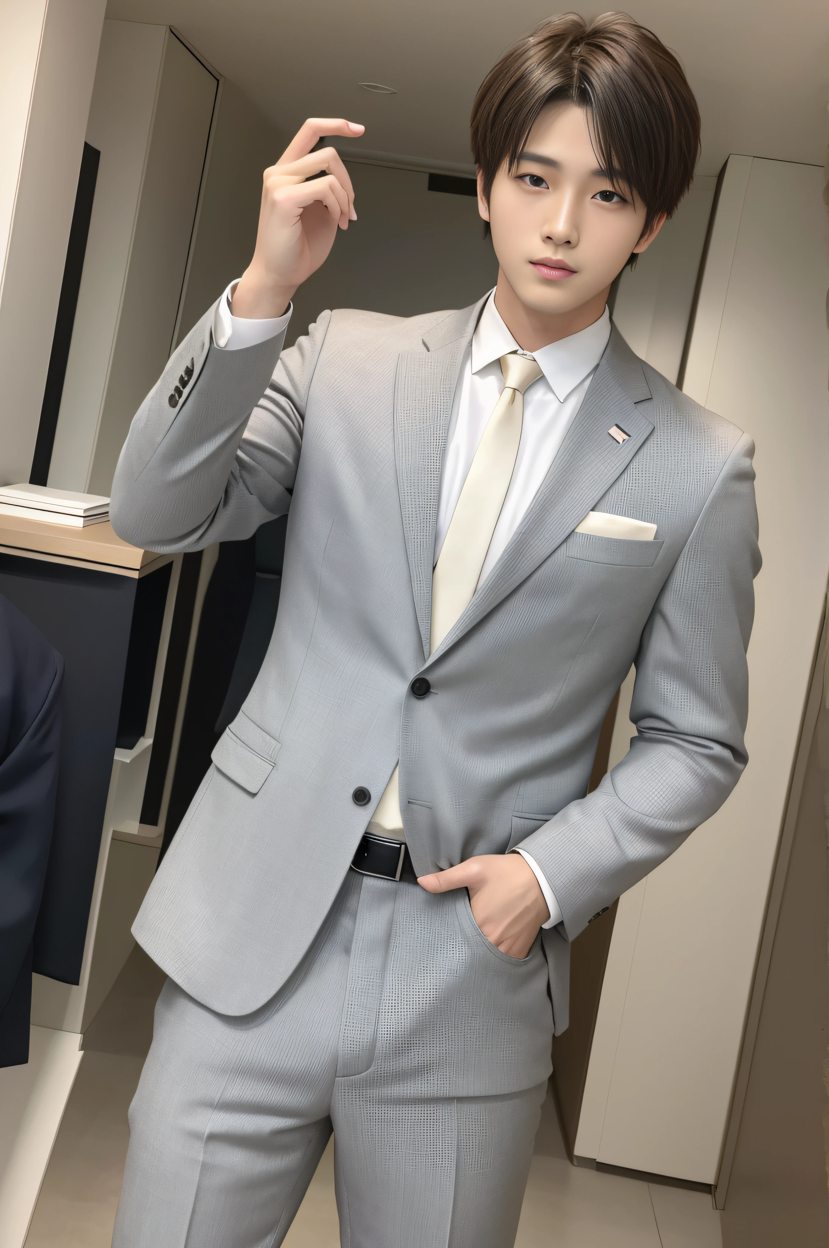 20-year-old refreshingly handsome new employee、(Super cool guy in a suit)、20 years old Japan man、1人、businessman、Ultra-luxury suits、Striped suit、 s Office、Young handsome man standing in suit、(Highly detailed photos in 8K)、(Very detailed handsome man)、Photo Real)、(top-quality)、ultra-detailliert、masterpiece、An ultra-high picture quality、tall、Very beautiful hair、Bright photo、Handsome like a model、Handsome like an idol、luxury watch、