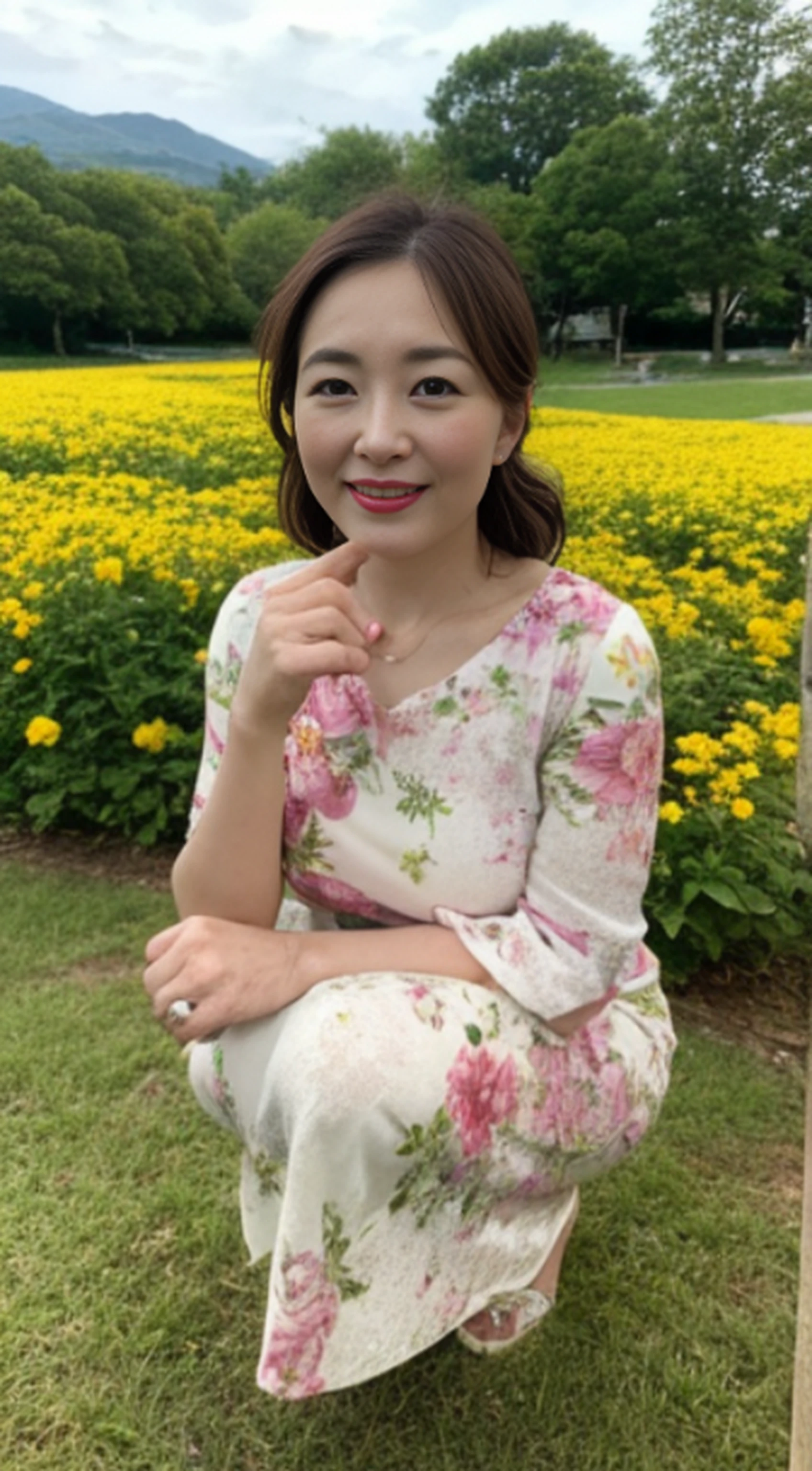 (8K、RAW photography、Photorealsitic:1.3)、47-year-old mature female squatting among flowers，The face is delicate，Elegant feminine，Happy and charming，The fabric of the dress outlines her huge bust with M cups，The clothes conform to her curves，dynamic angle，Clouds and mountains，（flower  field：1.4），white dresses，Light tracing，（Floating colorful wind：1） （realisticlying：1.4），offcial art，Unity 8k壁纸，ultra - detailed，Beautiful and beautiful，tmasterpiece，best qualityer，Glowing skin，cinmatic lighting，Light smile