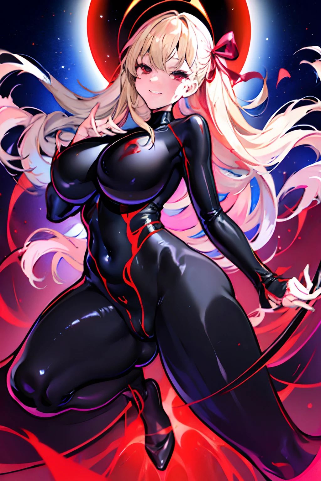 Carefully draw the face High-quality faces in anime style a blond Shiny black full body suit Red lines all over the body huge tit Big ass Whip thighs seductiv a smile succubus Rear view Grabbing the buttocks with your hands