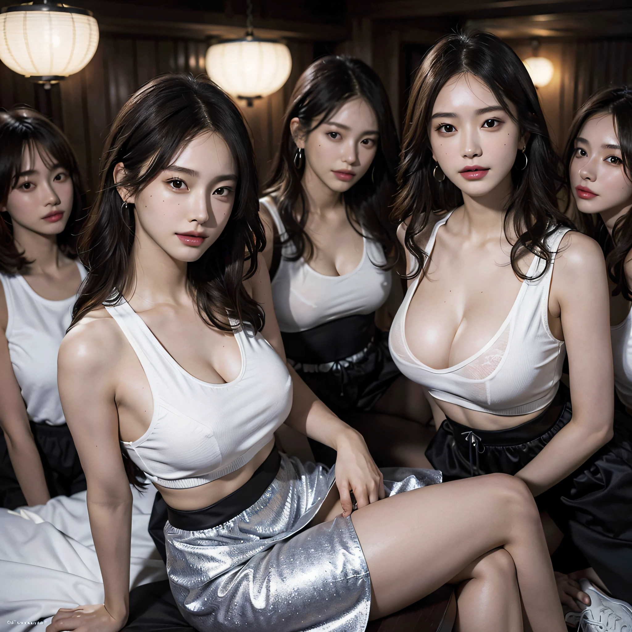 absurdres, RAW photo, extremely delicate and beautiful, masterpiece, Best Quality, ultra high resolution, 16k, hyperrealistic, ultra-detailed, Very detailed CG 8k wallpaper, Beautiful Lighting, Perfect Lightning, Realistic Shadows, perfect anatomy, super Detailed skin, perfect figure, Japanese woman, in her 20s, very Slim body, narrow waist, very small head, handsome detailed woman, very detailed eyes and face, realistic face proportions, Stunning detailed eyes, Realistic beautiful face, very small face, Realistic small beautiful eyes, double eyelids, makeup, tearful mole, mole on chest, earring, bare legs, beautiful and very thin legs, beautiful and very thin thighs, (((very huge round breasts))), short hair, wavy hair, sweat, (full body shot), (((((3 girls))))), (((sportswear))),