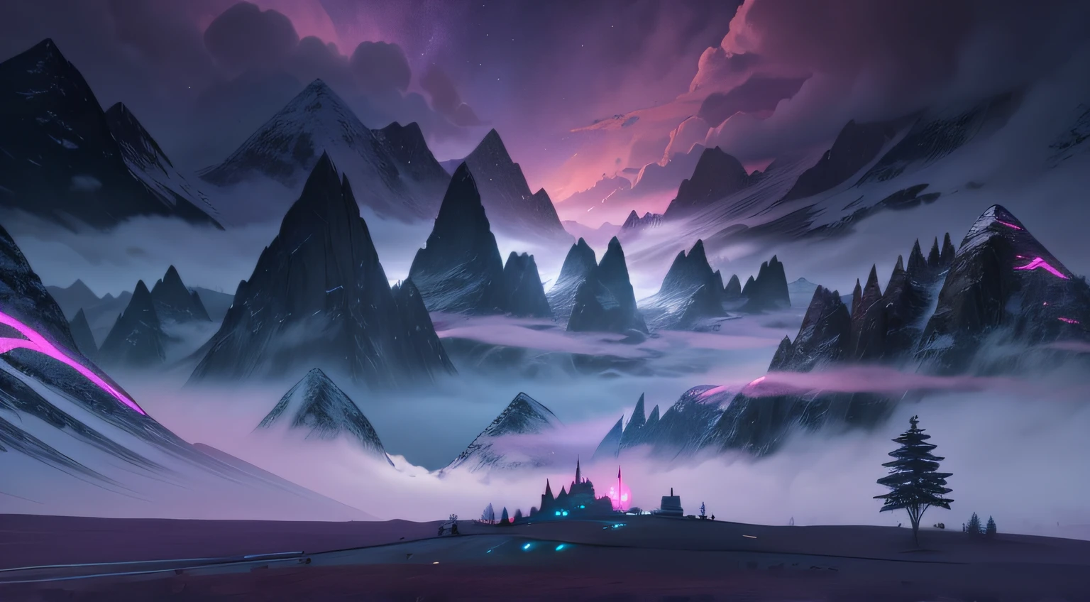 Cartoon scene of mountain landscape with pink sky and clouds, magical battlefield background, 2 D game art background, background artwork, Mobile game background, game background, arte de fundo, 2d game background, magical battlefield backround, Fantasy background, videogame background, ominous background, Gloomy background, Cave background, Dark fantasy landscape, alien forest in background