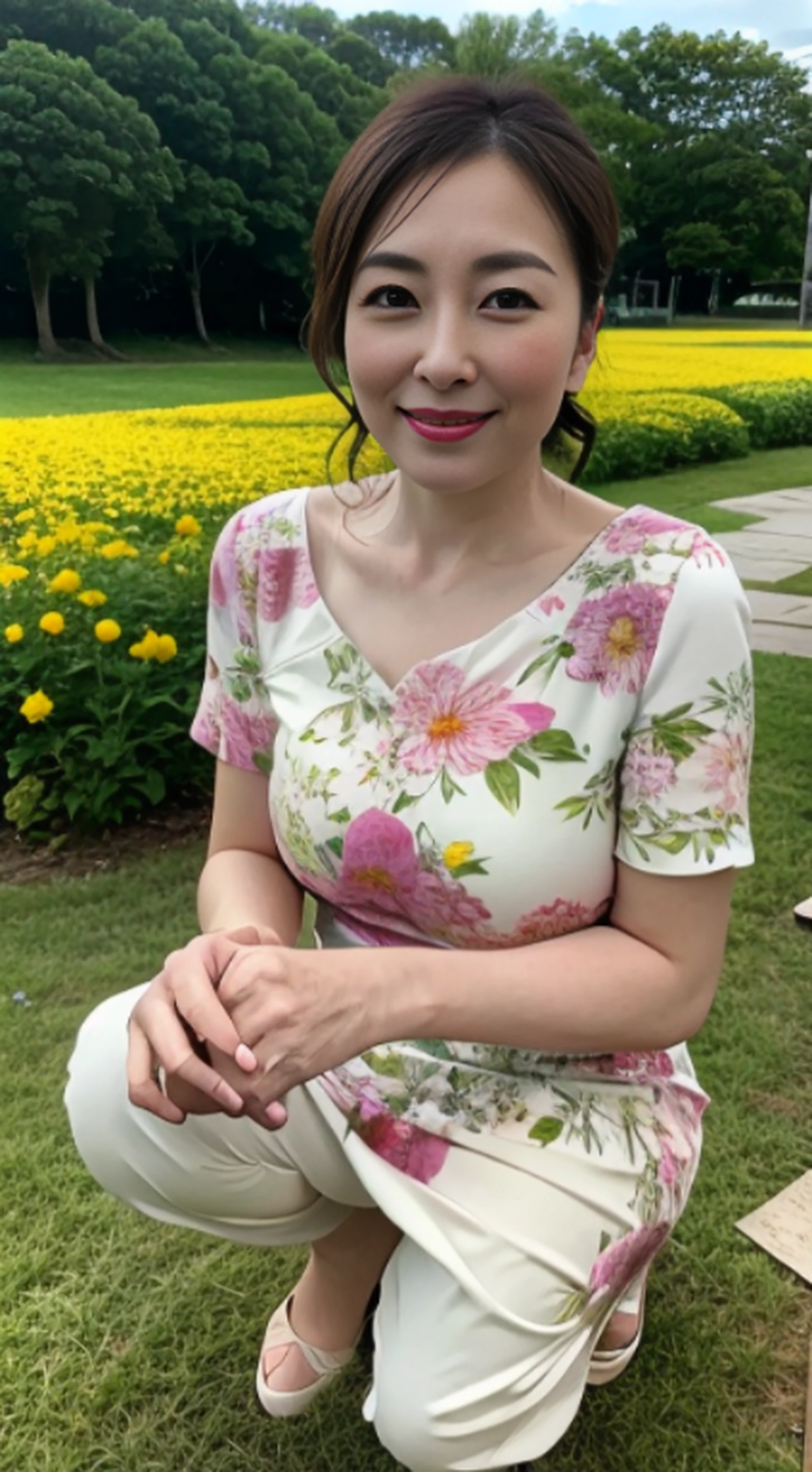 (8K、RAW photography、Photorealsitic:1.3)、47-year-old mature female squatting among flowers，The face is delicate，Elegant feminine，Happy and charming，The fabric of the dress outlines her huge bust with M cups，The clothes conform to her curves，dynamic angle，Clouds and mountains，（flower  field：1.4）In the foreground，white dresses，Light tracing，（Floating colorful wind：1） （realisticlying：1.4），offcial art，Unity 8k壁纸，ultra - detailed，Beautiful and beautiful，tmasterpiece，best qualityer，Glowing skin，cinmatic lighting，Light smile