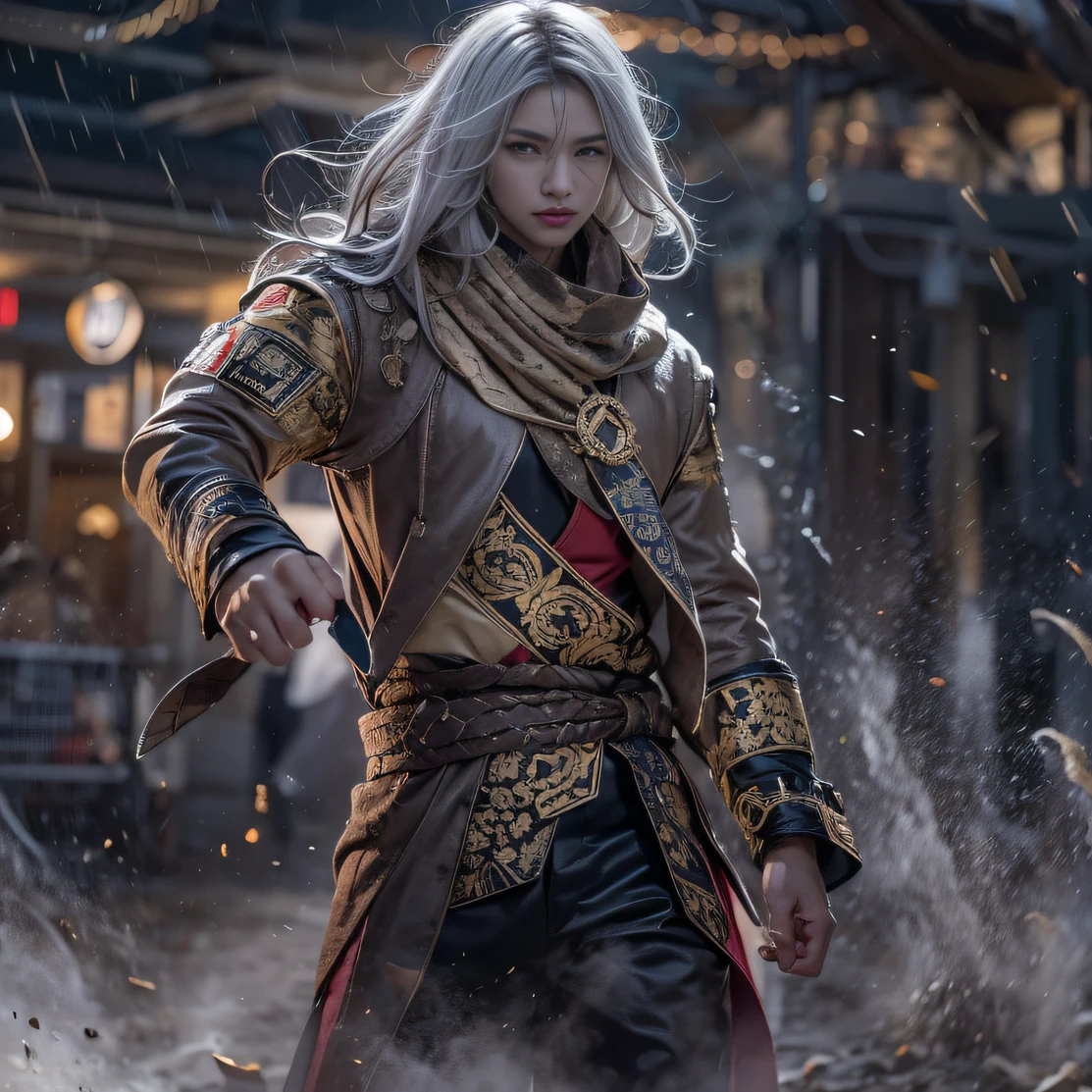 (Doomsday nuclear ruins)eyes filled with angry,He clenched his fists,Rush up,Deliver a fatal blow to your opponent,full bodyesbian,Full Body Male Mage 32K(tmasterpiece,k hd,hyper HD,32K)Long flowing black hair,worn-out,zydink, a color, Grocery store(Waste), (Linen batik scarf), Happy fighting stance, looking at the ground, Batik linen bandana, Chinese python pattern long-sleeved garment, (Abstract propylene splash:1.2), Dark clouds lightning background,Dynamic special effects(realisticlying:1.4),Black color hair,Flour fluttering,Background fog, A high resolution, the detail, RAW photogr, Sharp Re, Nikon D850 Film Stock Photo by Jefferies Lee 4 Kodak Portra 400 Camera F1.6 shots, Rich colors, ultra-realistic vivid textures, Dramatic lighting, Unreal Engine Art Station Trend, cinestir 800,Flowing black hair,(((Male mage))),The male mage was delighted,