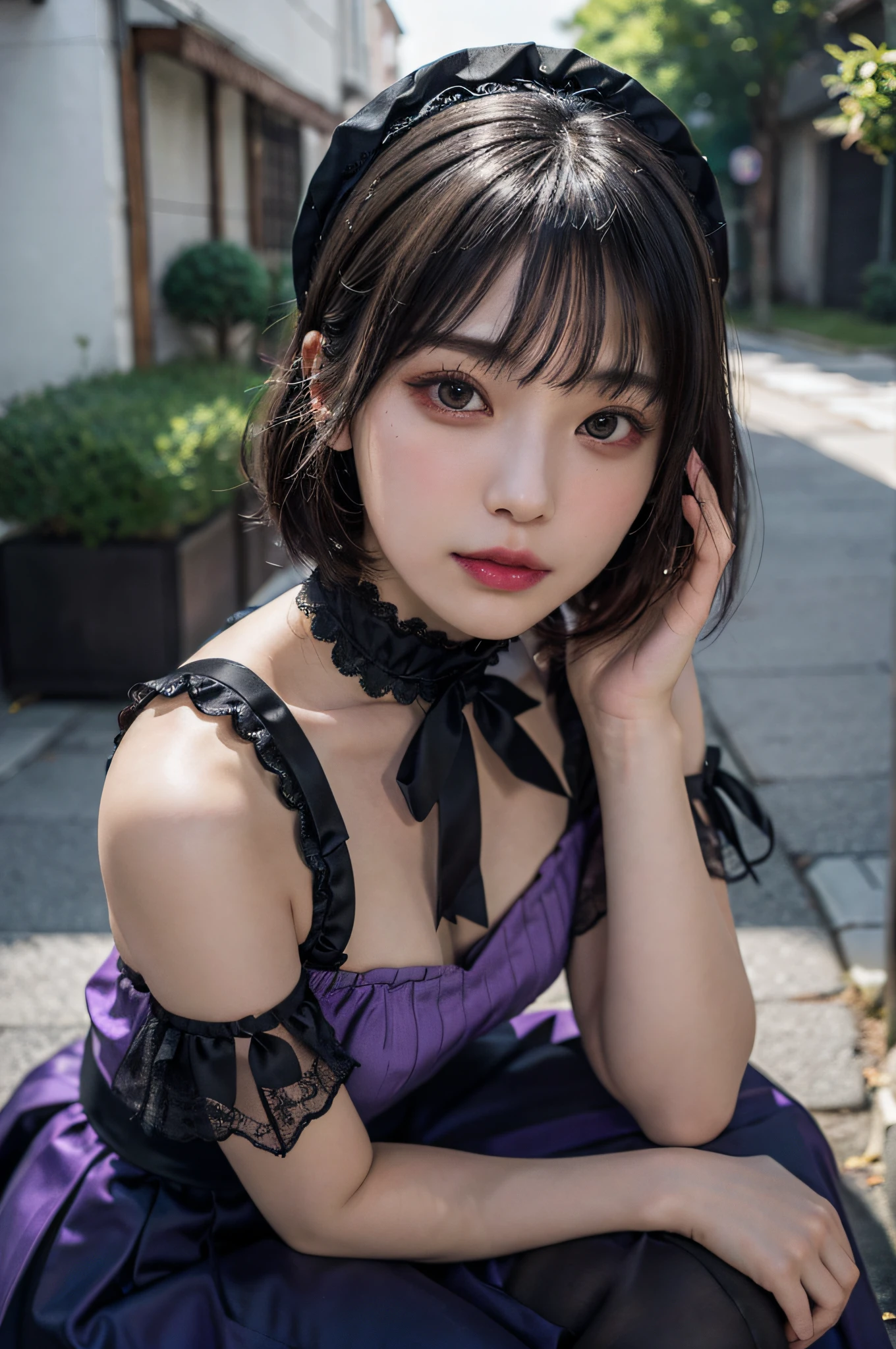 One Woman,Gothic ta in black and fluorescent purple,wariza,Petanko sitting,Cute face,Big eyes,Cool Face,Purple shorthair,Looking at Viewer,plein air,masutepiece, extremely fine and beautiful,Photorealistic,Japanese
