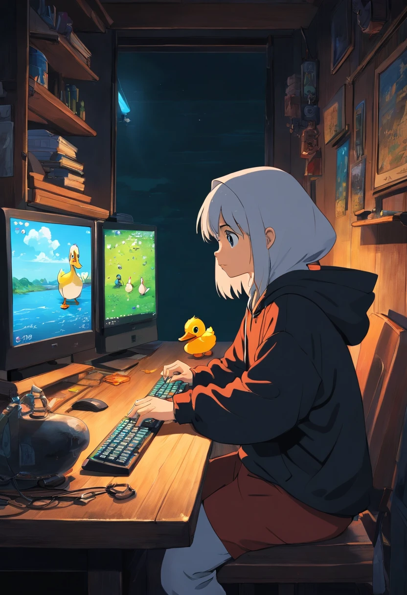 A duck and a black hoodie stream a game on a computer in a very dark room.