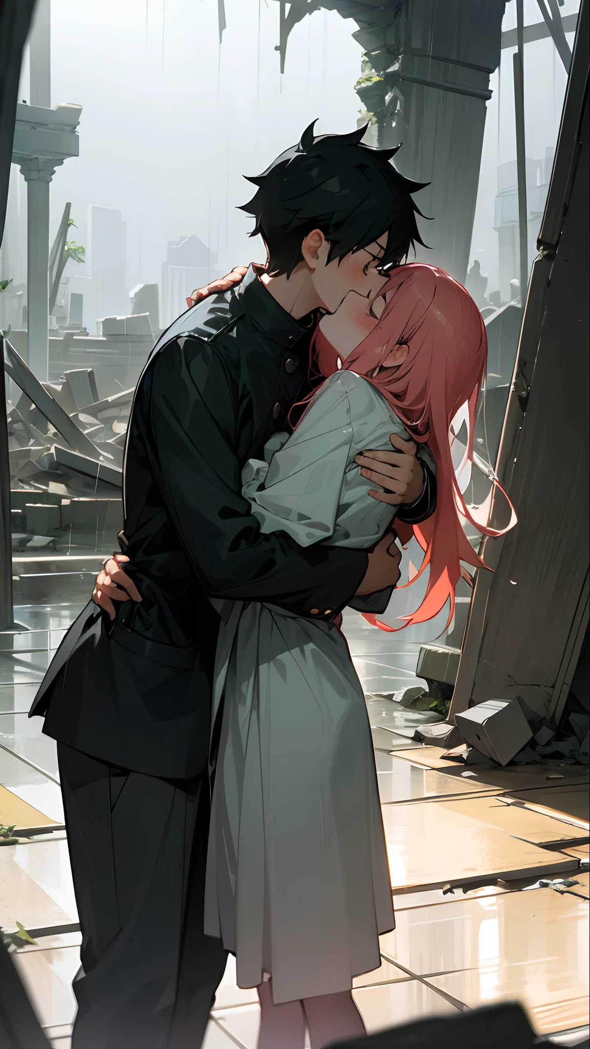 male 、girl with、rainy day、ruins、irate、hug、Kissing is fighting