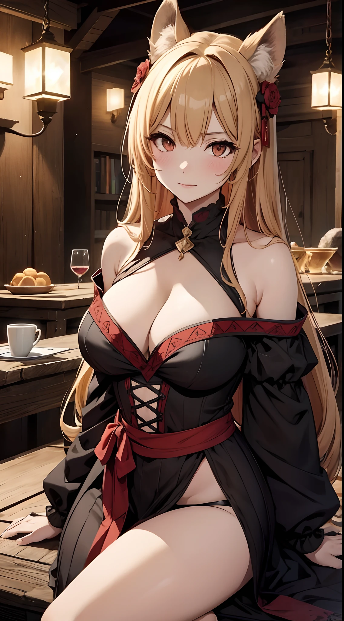 number art、gnoll,Barefoot,dark castle,Yuruchara style、Large breasts,Off-the-shoulder attire,nabel,Big breasts Thin waist,cleavage,Raised sexy,Be red in the face