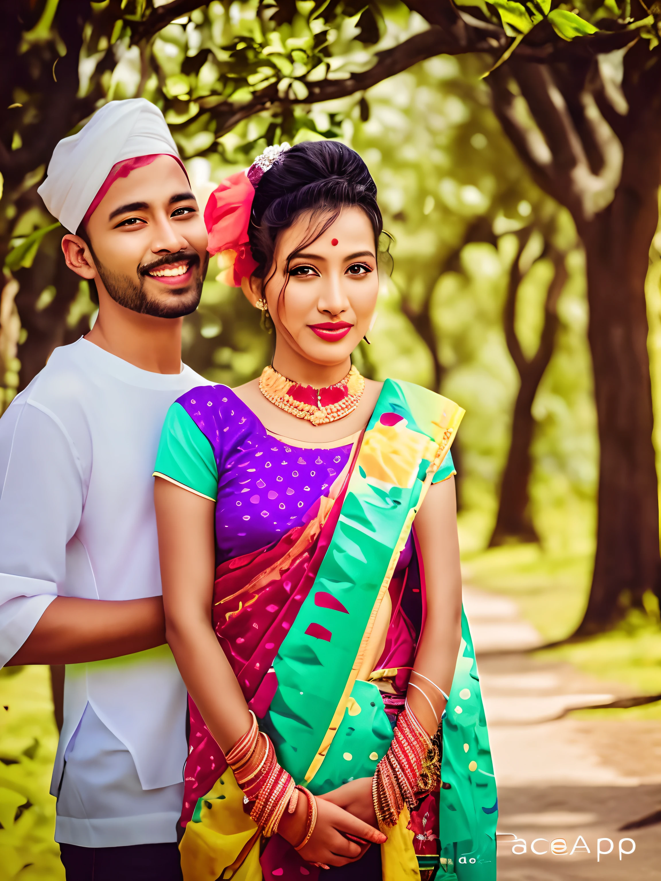 there is a man and woman standing together in a park, lovely couple, couple pose, photoshoped, new song, couple, happy couple, candid picture, photograpgy, [ digital art ]!!, * colour splash *, photoshopped, assamese aesthetic, edited, made with photoshop, assamese, very beautiful photo, cute photo, retouched in photoshop