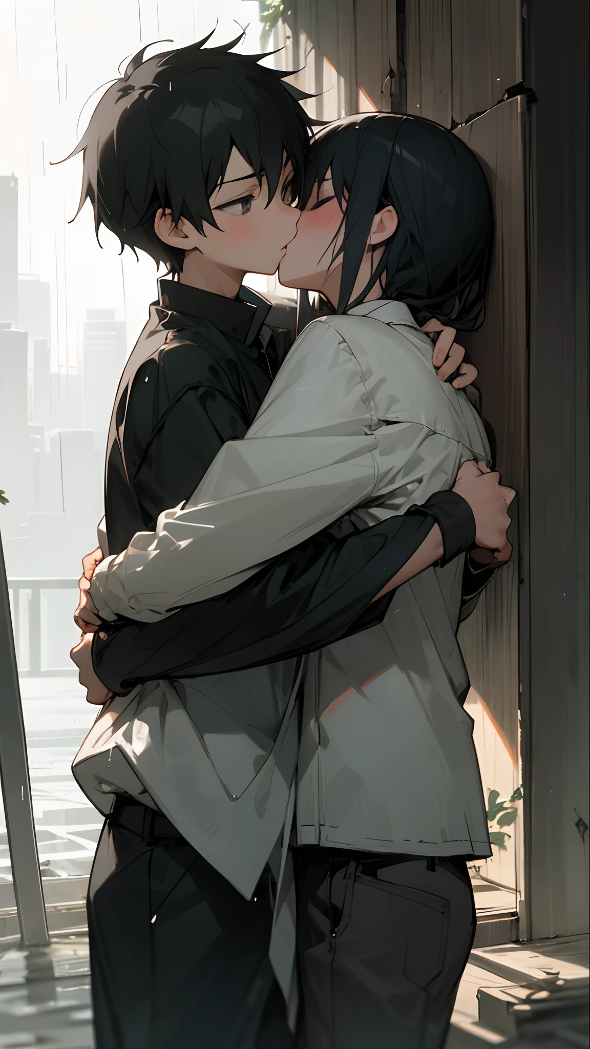 male 、girl with、rainy day、ruins、irate、hug、Kissing is fighting