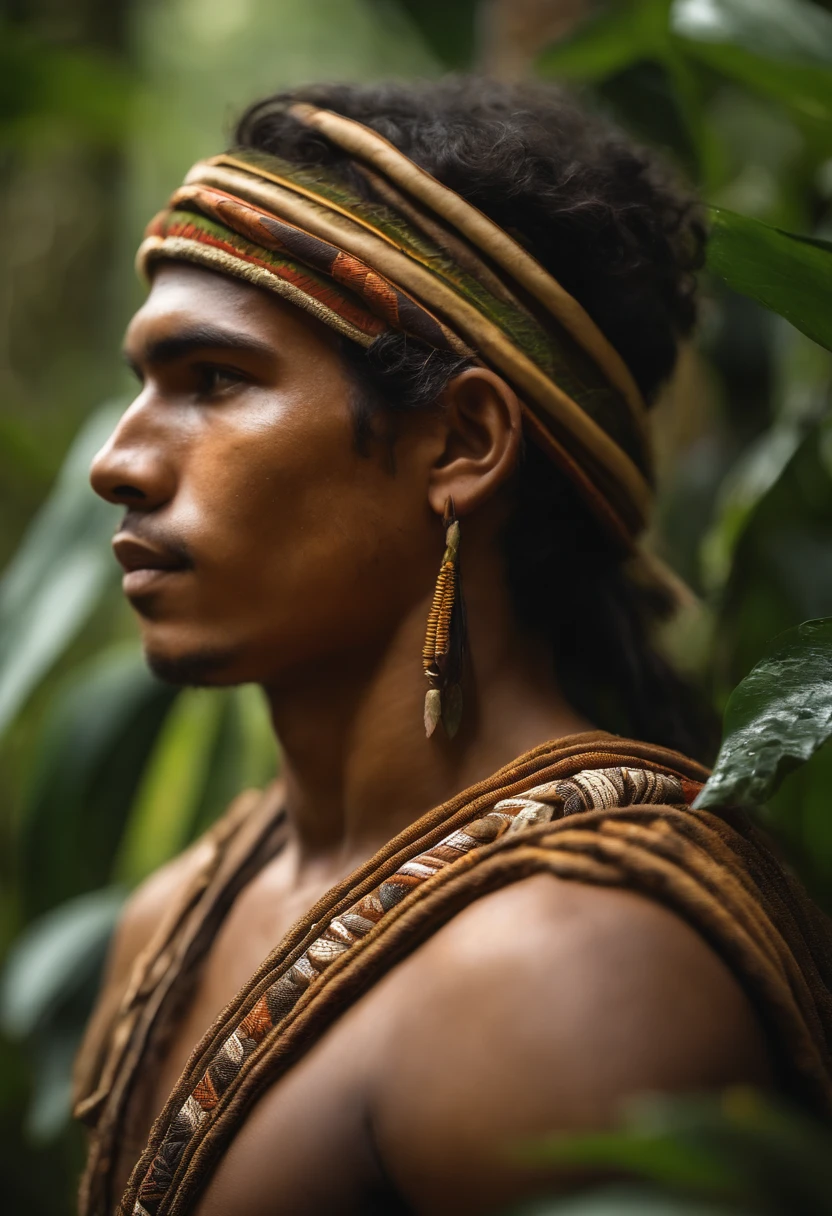 "A 22-year-old indigenous Brazilian, cabelos escuros e curtos, retratado dos ombros para cima. He's distracted, in profile with his face turned upside down looking at the dense Amazon jungle in front of him. Their expression reflects curiosity and contemplation. A scenery all around is lush and vibrant , com diversas cores de folhas e plantas. Golden sunlight penetrates through the trees, Creating Shadow Patterns and Enhancing the Texture of Leaves. The indigenous person wears traditional clothes of the tribe, decoradas com elementos naturais, como penas e fibras vegetais. The image is highly detailed, with an 8K resolution and sharp focus on the indigenous person's face and surrounding vegetation, Capturing the young man's magical atmosphere and connection to the Amazon rainforest."