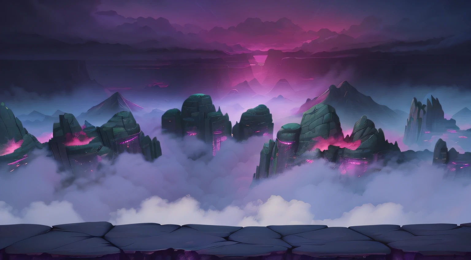 Cartoon scene of mountain landscape with pink sky and clouds, magical battlefield background, 2 D game art background, background artwork, Mobile game background, game background, arte de fundo, 2d game background, magical battlefield backround, Fantasy background, videogame background, ominous background, Gloomy background, Cave background, Dark fantasy landscape, alien forest in background