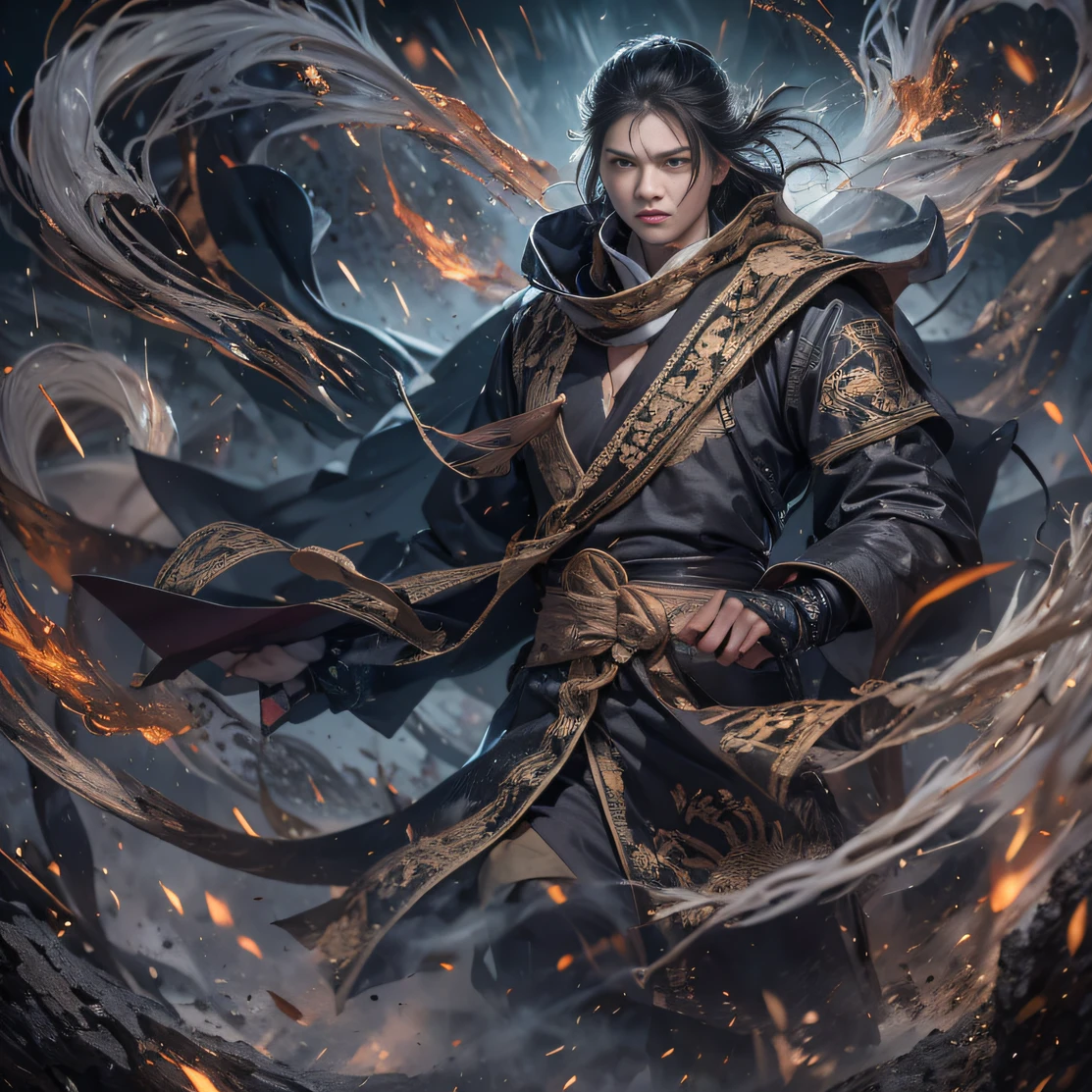(末日核废墟)eyes filled with angry,He clenched his fists,Rush up,Deliver a fatal blow to your opponent,full bodyesbian,Full Body Male Mage 32K(tmasterpiece,k hd,hyper HD,32K)Long flowing black hair,Campsite size,zydink, a color, patriot (废墟), (Linen batik scarf), Angry fighting stance, looking at the ground, Batik linen bandana, Chinese python pattern long-sleeved garment, (Abstract propylene splash:1.2), Dark clouds lightning background,Flour flies(realisticlying:1.4),Black color hair,Flour fluttering,Background fog, A high resolution, the detail, RAW photogr, Sharp Re, Nikon D850 Film Stock Photo by Jefferies Lee 4 Kodak Portra 400 Camera F1.6 shots, Rich colors, ultra-realistic vivid textures, Dramatic lighting, Unreal Engine Art Station Trend, cinestir 800,Flowing black hair,(((Male mage))),The male mage was furiou人s,