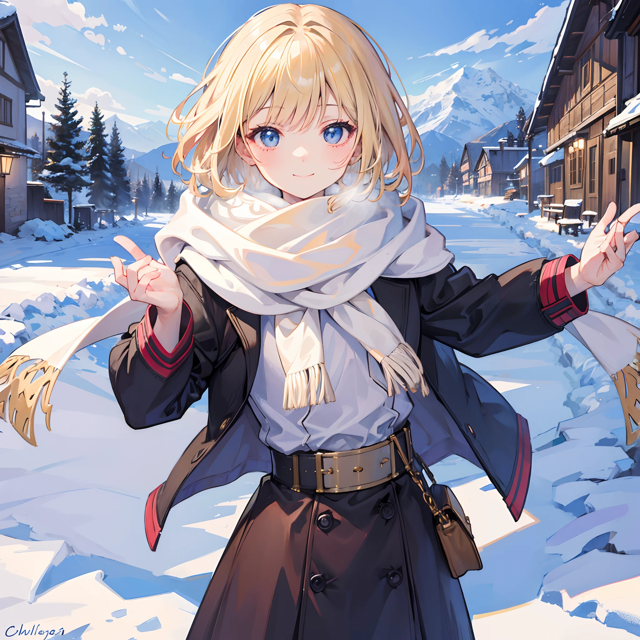 Masterpiece, 1 girl, smiling, european, winter coat, scarf, skirt, (small) chillerism, short blonde hair, alpine village