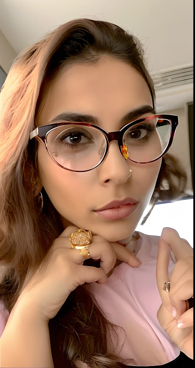 (mulher arafed) with glasses and a ring on his finger, wearing thin large round glasses, thick glasses, wearing square glasses, with square glasses, girl wearing round glasses, imagem de perfil, wearing gold glasses, woman with rose tinted glasses, girl with glasses, !!wearing modern glasses!!,