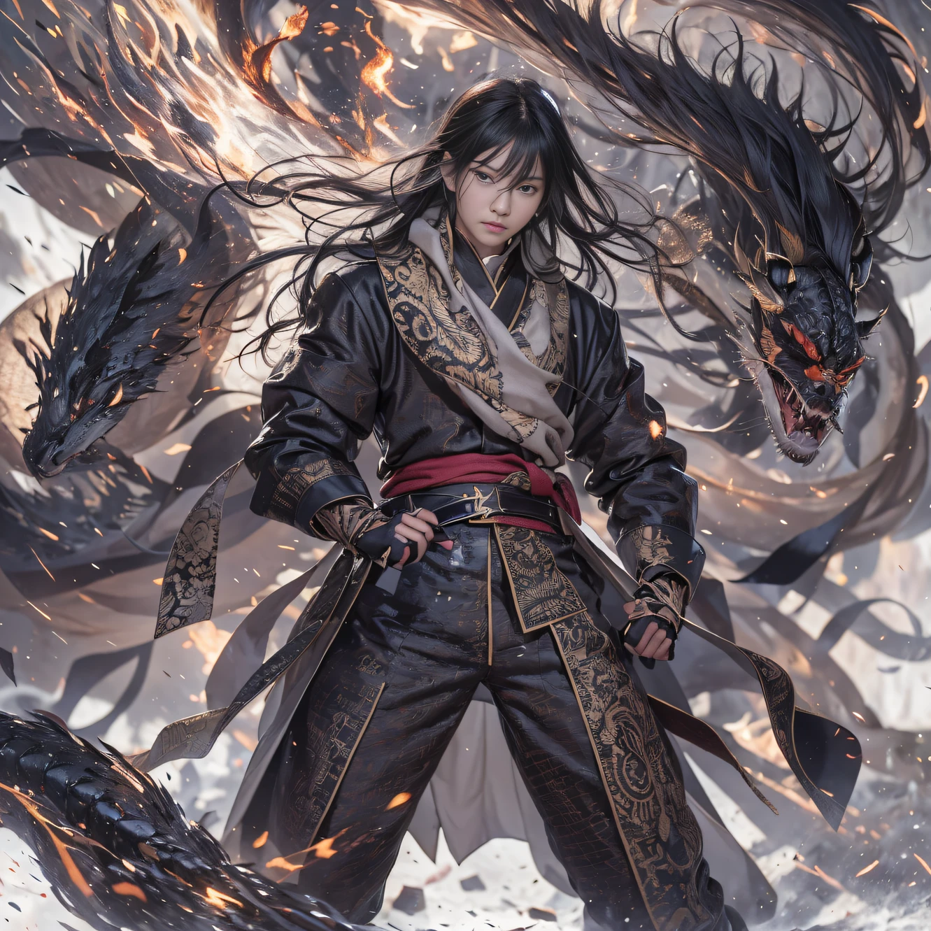 （末日核废墟）eyes filled with angry，He clenched his fists，Rush up，Deliver a fatal blow to your opponent，full bodyesbian，Full Body Male Mage 32K（tmasterpiece，k hd，hyper HD，32K）Long flowing black hair，Campsite size，zydink， a color， patriot （废）， （Linen batik scarf）， Angry fighting stance， looking at the ground， Batik linen bandana， Chinese python pattern long-sleeved garment， （Abstract propylene splash：1.2）， Dark clouds lightning background，Flour flies（realisticlying：1.4），Black color hair，Flour fluttering，Background fog， A high resolution， the detail， RAW photogr， Sharp Re， Nikon D850 Film Stock Photo by Jefferies Lee 4 Kodak Portra 400 Camera F1.6 shots, Rich colors, ultra-realistic vivid textures, Dramatic lighting, Unreal Engine Art Station Trend, cinestir 800，Flowing black hair,（（（Male mage））），The male mage was furiou人s，