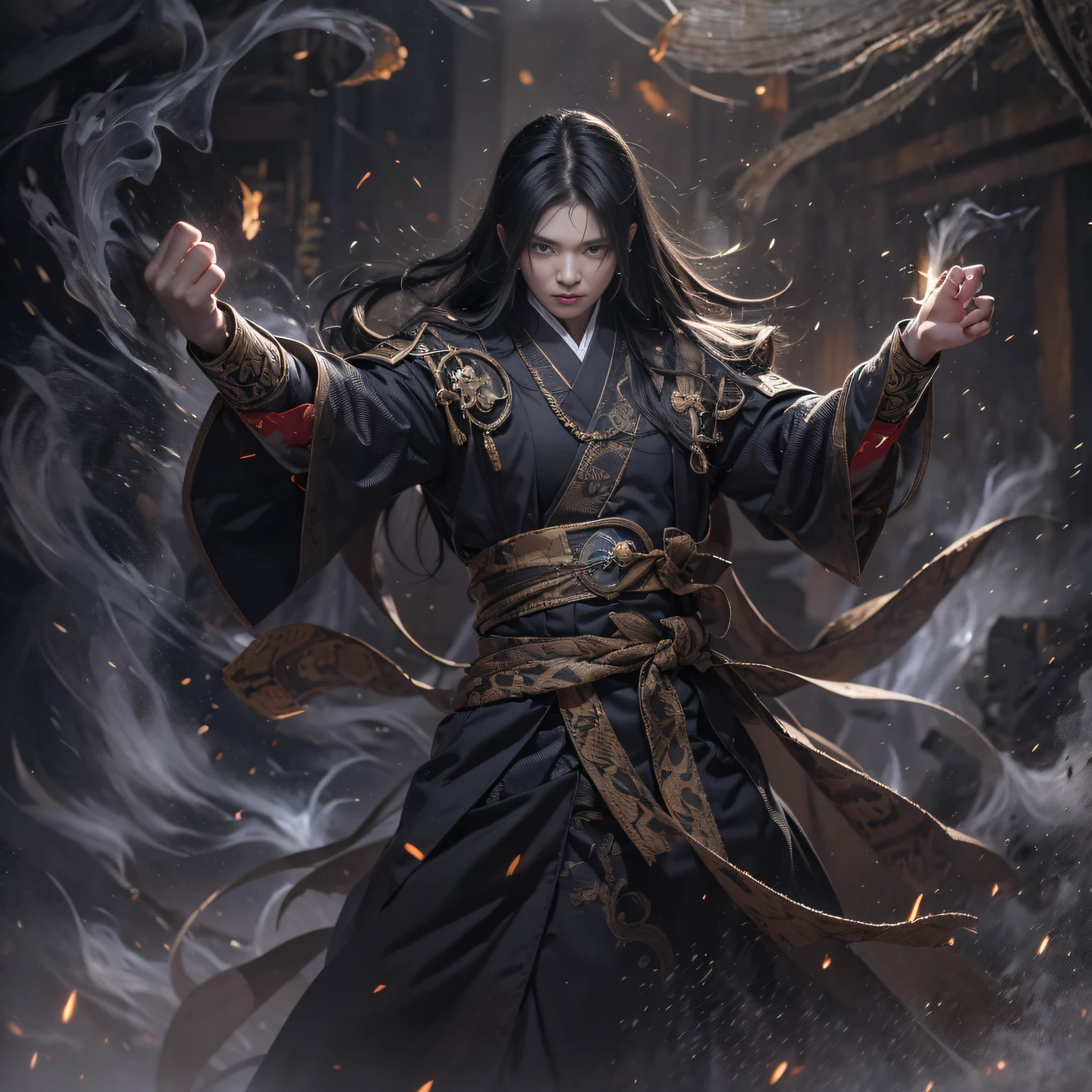 （末日核废墟）eyes filled with angry，He clenched his fists，Rush up，Deliver a fatal blow to your opponent，full bodyesbian，Full Body Male Mage 32K（tmasterpiece，k hd，hyper HD，32K）Long flowing black hair，Campsite size，zydink， a color， patriot （废）， （Linen batik scarf）， Angry fighting stance， looking at the ground， Batik linen bandana， Chinese python pattern long-sleeved garment， （Abstract propylene splash：1.2）， Dark clouds lightning background，Flour flies（realisticlying：1.4），Black color hair，Flour fluttering，Background fog， A high resolution， the detail， RAW photogr， Sharp Re， Nikon D850 Film Stock Photo by Jefferies Lee 4 Kodak Portra 400 Camera F1.6 shots, Rich colors, ultra-realistic vivid textures, Dramatic lighting, Unreal Engine Art Station Trend, cinestir 800，Flowing black hair,（（（Male mage））），The male mage was furiou人s，