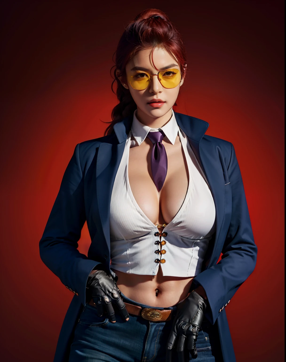 (masterpiece, best quality, high resolution),cowboy shot, 1girl, cviperms, breasts, sunglasses, necktie, gloves, necktie between breasts, cleavage, crop top, midriff, tinted eyewear, pants,huge breasts