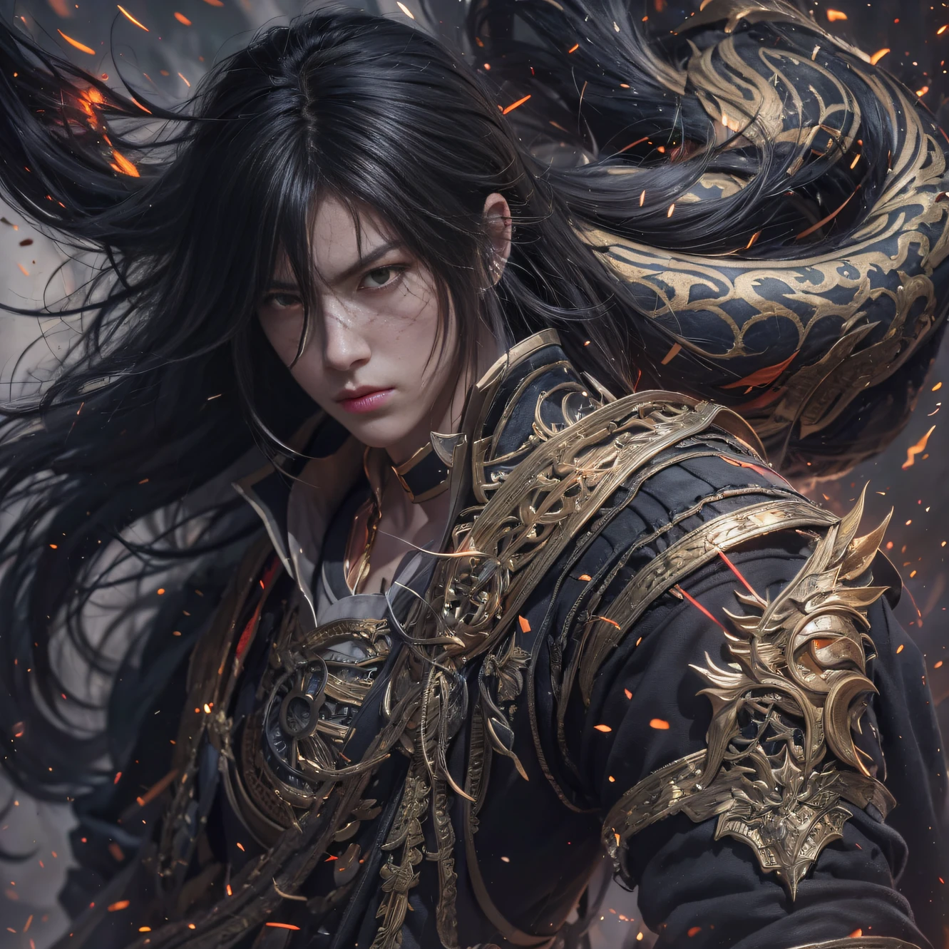 （末日核废墟）eyes filled with angry，He clenched his fists，Rush up，Deliver a fatal blow to your opponent，full bodyesbian，Full Body Male Mage 32K（tmasterpiece，k hd，hyper HD，32K）Long flowing black hair，Campsite size，zydink， a color， patriot （废）， （Linen batik scarf）， Angry fighting stance， looking at the ground， Batik linen bandana， Chinese python pattern long-sleeved garment， （Abstract propylene splash：1.2）， Dark clouds lightning background，Flour flies（realisticlying：1.4），Black color hair，Flour fluttering，Background fog， A high resolution， the detail， RAW photogr， Sharp Re， Nikon D850 Film Stock Photo by Jefferies Lee 4 Kodak Portra 400 Camera F1.6 shots, Rich colors, ultra-realistic vivid textures, Dramatic lighting, Unreal Engine Art Station Trend, cinestir 800，Flowing black hair,（（（Male mage））），The male mage was furiou人s，