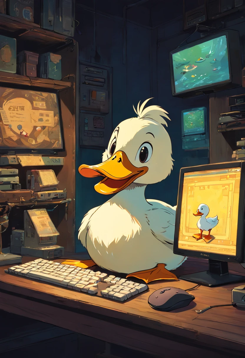 A duck streaming a game on a computer and keyboard and mouse in a very dark room.