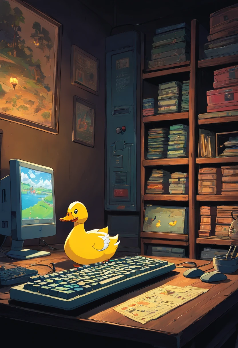A duck streaming a game on a computer and keyboard and mouse in a very dark room.