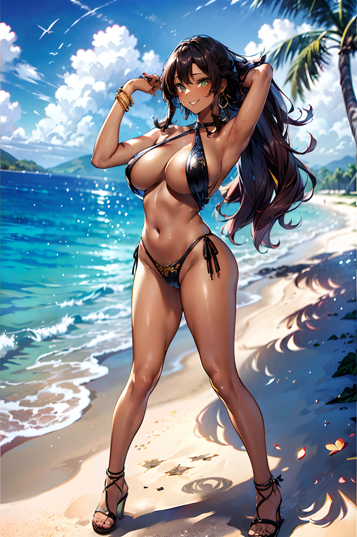 Beautiful 20-year-old black supermodel, (solo:1.5), seductive weak Smiling, Best Quality, Glamorous body, Detailed face, Skin radiance, lacing up sandals, Diamond Good, full body, breast focus, standing on Beach side with spreading legs, comb your hair with your left hand, sexy model pose, leaning backward, face up to sky, (best quality:1.4), (beautiful, perfect, detailed, intricate, aesthetic:1.2), cinematic shot, natural light, light particles, sunlight, atmospheric, vivid colors, (depth of field:1.4), blurry background, bokeh, looking at viewer, ((ebony, dark skin:1.4, dark Brown skin:1.3)), (perfect face, detailed face, eyeliner, glossy lips), smiling, (large breasts, sagging breasts, big tits, narrow waist, large ass:1.3, large hip, plump thighs), ((light-yellow micro bikini:1.37, side tied strings, colorful)), (with gold accessories:1.3, earrings, bracelets), (skindentation), outdoors:1.5, beach:1.3, clear ocean, waves, palm trees, (ultra high resolution:1.3, 8K RAW photo, photo realistics:1.2, thin outline:1.37), dark mahogany long hair, (curly hair:1.5, wavy hair:1.5, shiny), (African girl:1.3), Beautiful matured girl, milf:1.2, (fine detailed beautiful eyes), beautiful character, stylish fashion illustration, ((correct anatomy:1.5)), (sexually:1.2), ((nsfw:1.2)),