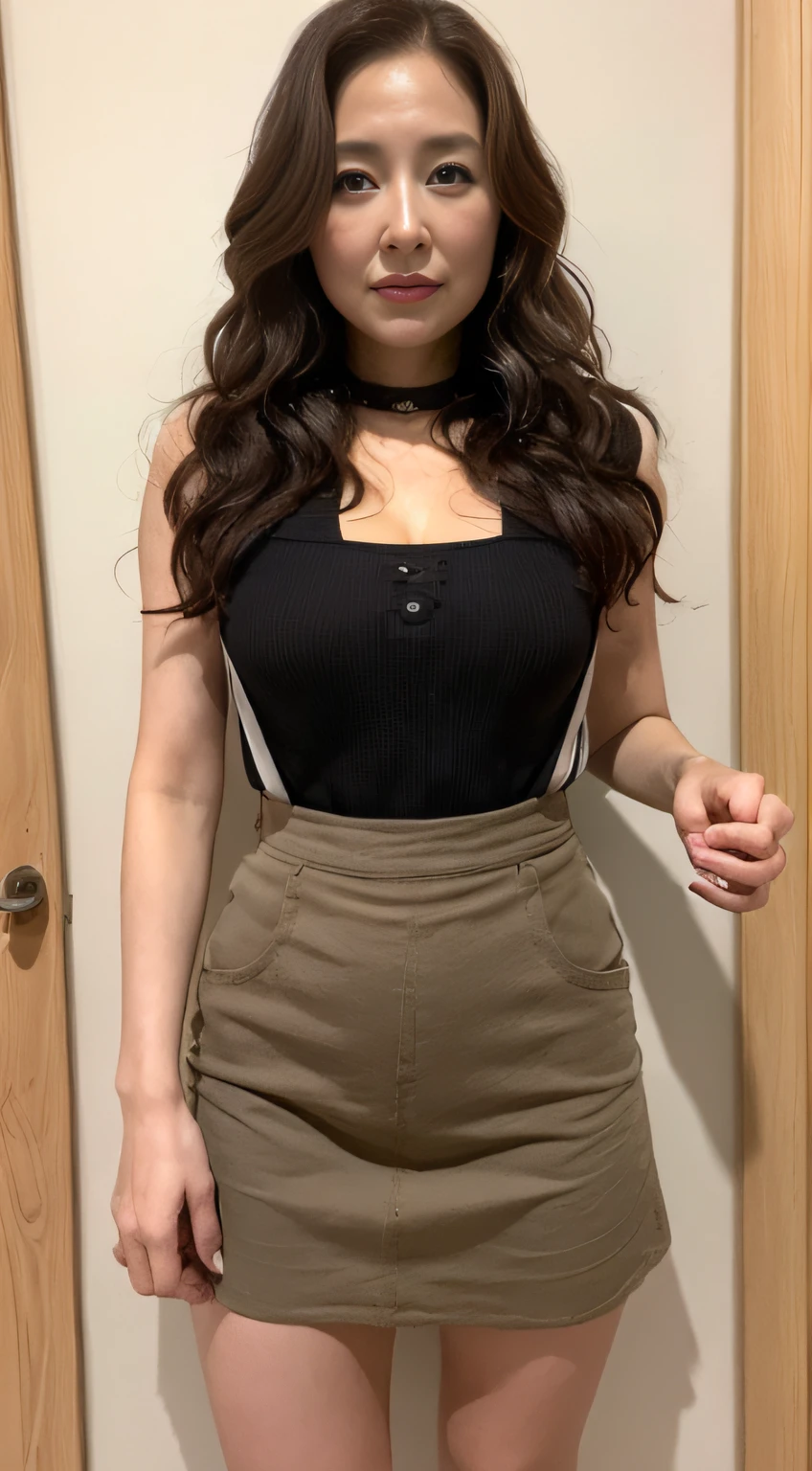 ((midynight, Need, 8K, tmasterpiece:1.3)), full bodyesbian, Long legs, Focalors:1.2, perfect figure beautiful woman:1.4, ((Dark brown hair)), (suspender skirt, standing on your feet:1.2), ((sobu)), Highly detailed facial and skin texture, A detailed eye, 二重まぶた，Beauty,Wavy hair, Wrinkles at the corners of the eyes, to emphasize, ，（Big breasted 1.2），aged 40, Wrinkled eyes,