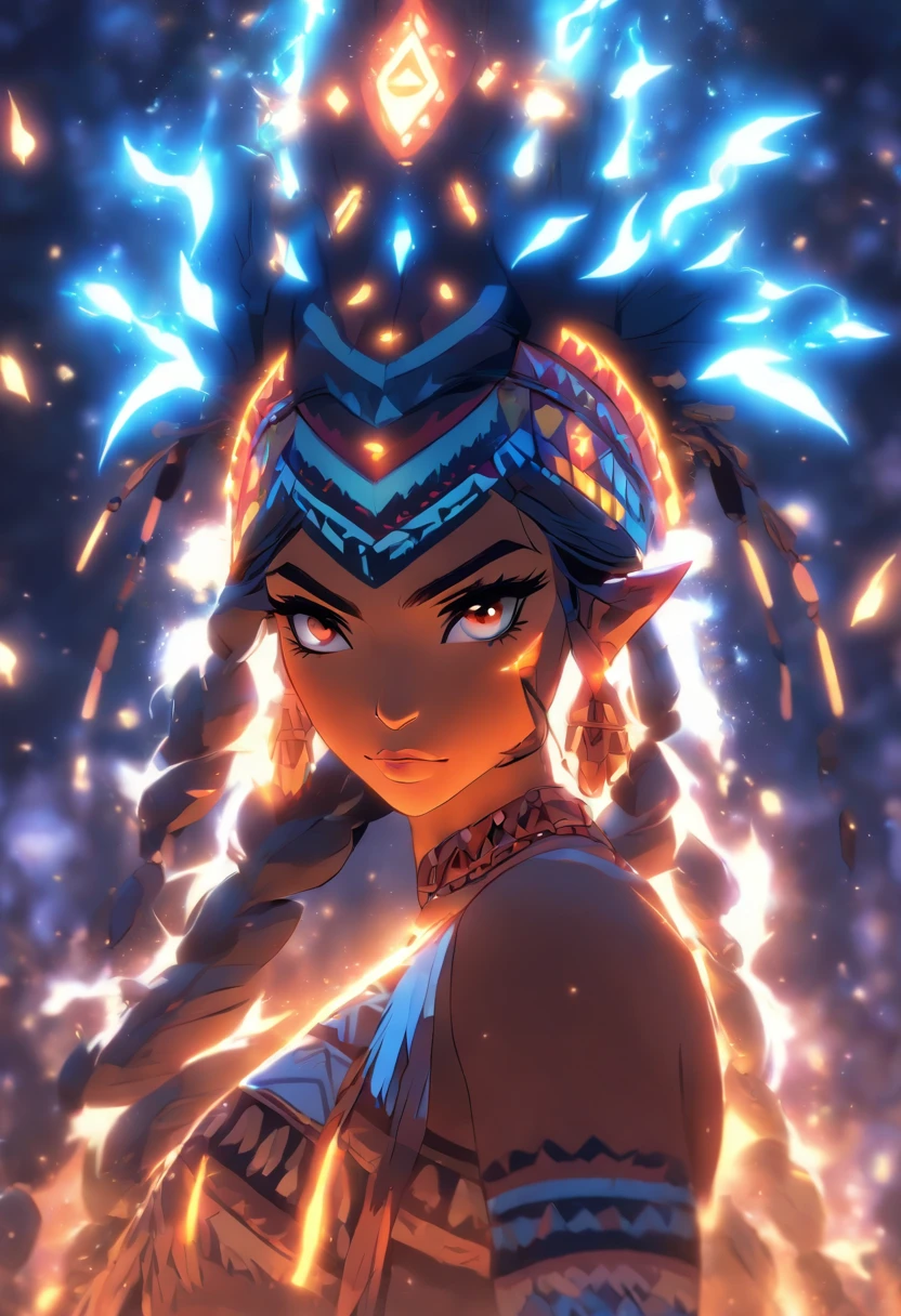 ((Indigenous Goddess))) best quality, very high resolution, 4K detailed CG, master piece,JACI,Indigenous Goddess,Indigenous headdress, lightning,Moon Goddess,standing,indigenous clothing, Amazon, Brazil, aesthetics, beautiful image, centered on screen, full body