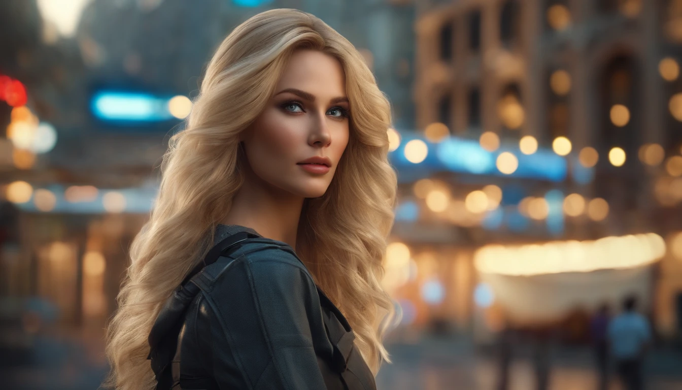 gorgeous woman with extra long wavy blonde hair, detailed alluring eyes, long sexy legs, wearing tiny shorts, t-shirt, ((detailed facial features)), (finely detailed skin), pale skin, realistic skin texture, extreme skin details, (pores:0.1), in the background beautiful futuristic cyberpunk city, best quality masterpiece, photorealistic, hyperrealistic, detailed, 8k, HDR, (Soft color: 1.2), shallow depth of field, broad light, high contrast, backlighting, bloom, light sparkles, chromatic aberration, sharp focus, RAW color photo