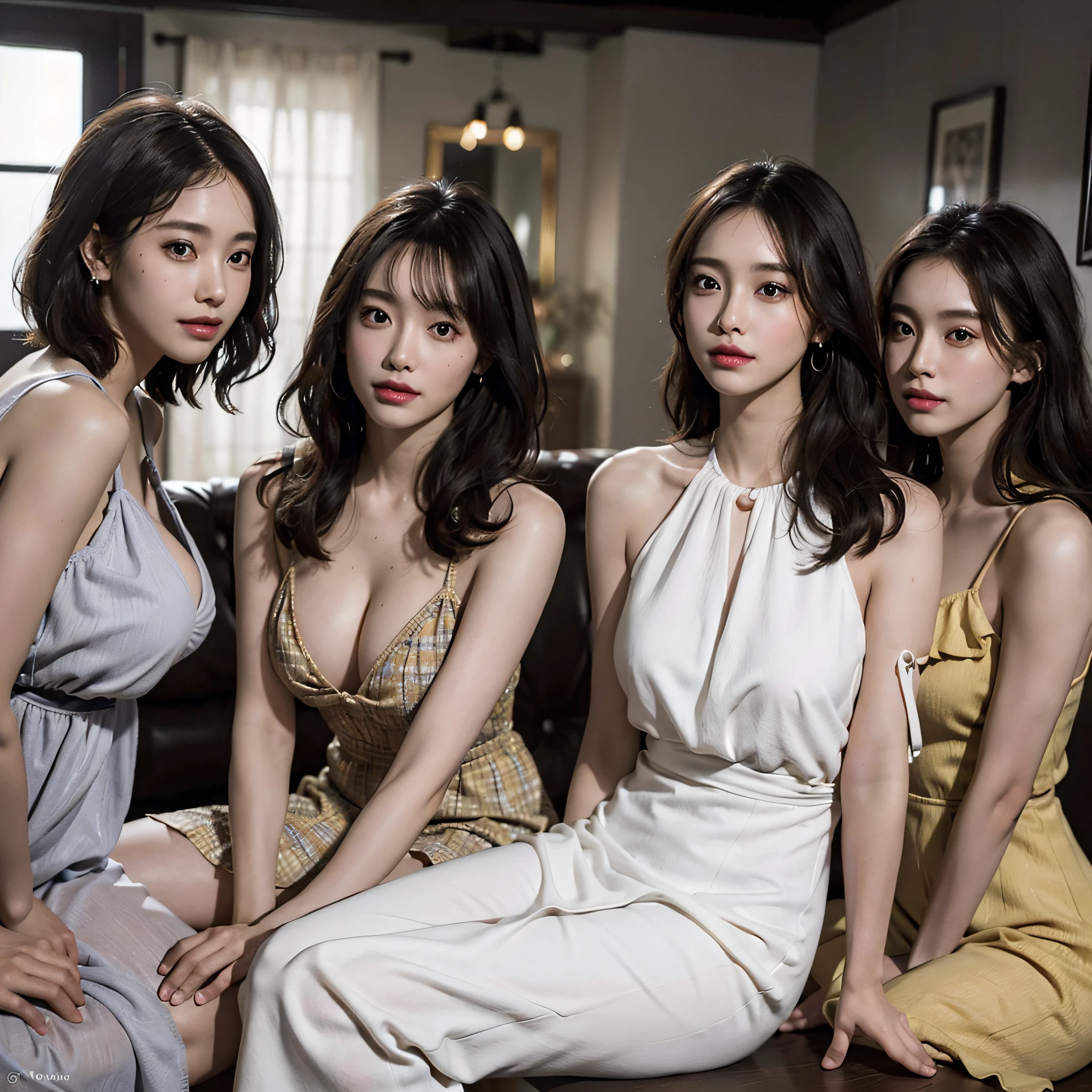 absurdres, RAW photo, extremely delicate and beautiful, masterpiece, Best Quality, ultra high resolution, 16k, hyperrealistic, ultra-detailed, Very detailed CG 8k wallpaper, Beautiful Lighting, Perfect Lightning, Realistic Shadows, perfect anatomy, super Detailed skin, perfect figure, Japanese woman, in her 20s, very Slim body, narrow waist, very small head, handsome detailed woman, very detailed eyes and face, realistic face proportions, Stunning detailed eyes, Realistic beautiful face, very small face, Realistic small beautiful eyes, double eyelids, makeup, tearful mole, mole on chest, earring, bare legs, beautiful and very thin legs, beautiful and very thin thighs, (((very huge round breasts))), short hair, wavy hair, sweat, (full body shot), (((((3 girls))))), (((sundress))),
