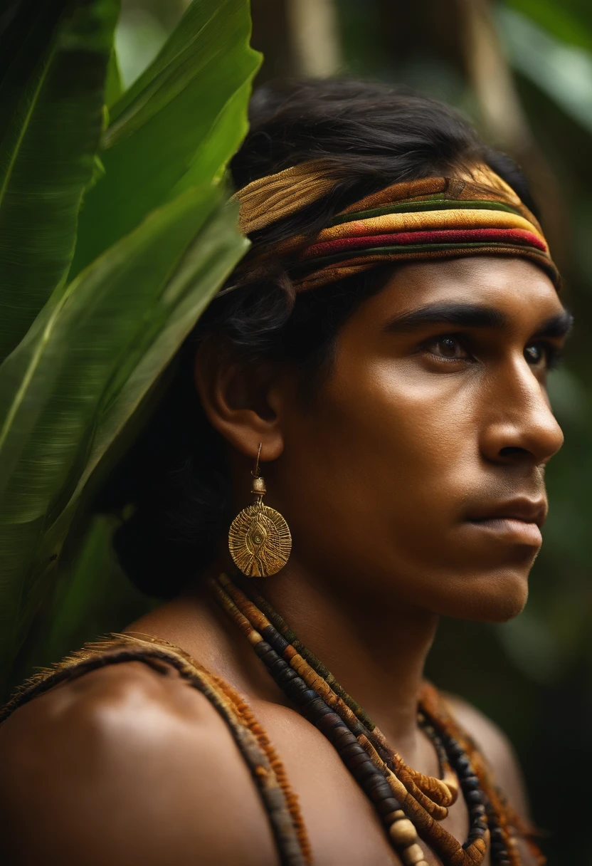 "A 22-year-old indigenous Brazilian, cabelos escuros e curtos, retratado dos ombros para cima. He's distracted, in profile with his face turned upside down looking at the dense Amazon jungle in front of him. Selva colorida,Their expression reflects curiosity and contemplation. A scenery all around is lush and vibrant , com diversas cores de folhas e plantas. Golden sunlight penetrates through the trees, Creating Shadow Patterns and Enhancing the Texture of Leaves. The indigenous person wears traditional clothes of the tribe, decoradas com elementos naturais, como penas e fibras vegetais. The image is highly detailed, with an 8K resolution and sharp focus on the indigenous person's face and surrounding vegetation, Capturing the young man's magical atmosphere and connection to the Amazon rainforest."