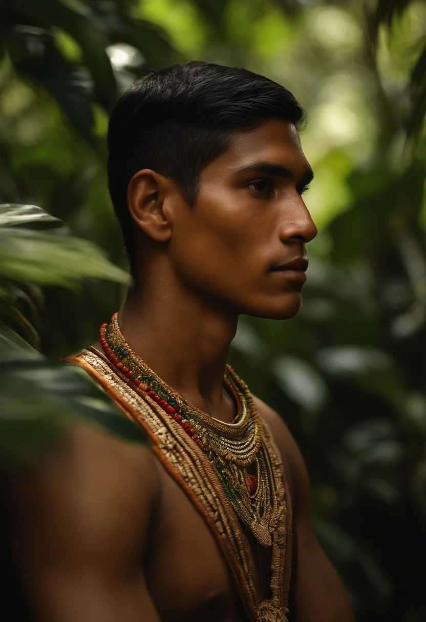 "A 22-year-old indigenous Brazilian, cabelos escuros e curtos, retratado dos ombros para cima. He's distracted, in profile with his face turned upside down looking at the dense Amazon jungle in front of him. Selva colorida,Their expression reflects curiosity and contemplation. A scenery all around is lush and vibrant , com diversas cores de folhas e plantas. Golden sunlight penetrates through the trees, Creating Shadow Patterns and Enhancing the Texture of Leaves. The indigenous person wears traditional clothes of the tribe, decoradas com elementos naturais, como penas e fibras vegetais. The image is highly detailed, with an 8K resolution and sharp focus on the indigenous person's face and surrounding vegetation, Capturing the young man's magical atmosphere and connection to the Amazon rainforest."